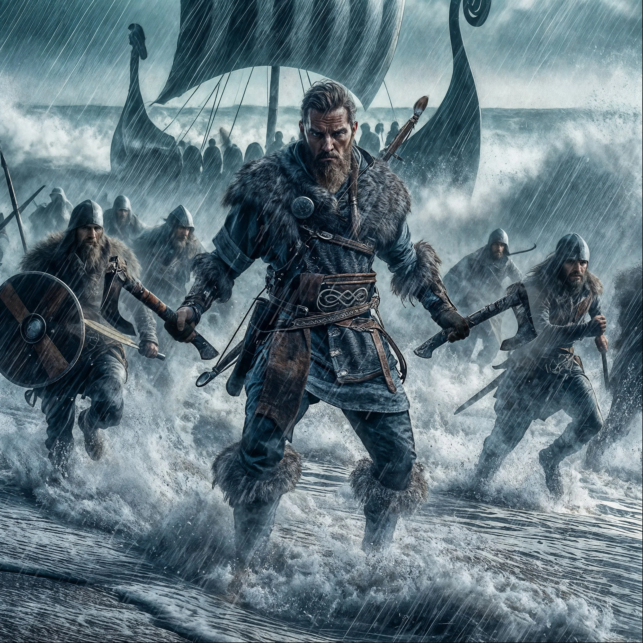 A scene from the movie 'The Northman' showing a group of vikings in a stormy sea with a Viking longship.