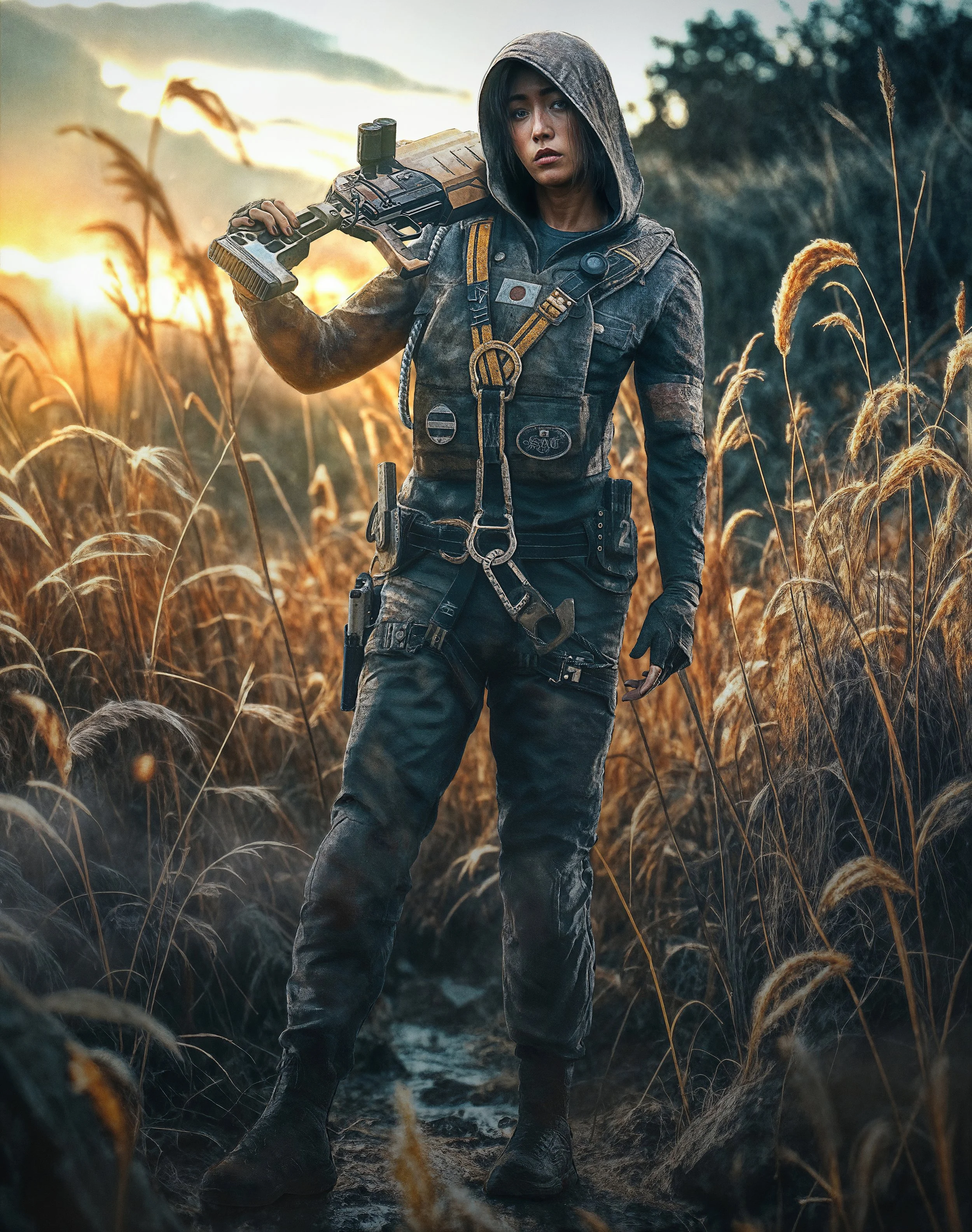A woman in tactical gear holding a firearm, walking through a field of tall dry grass with smoke and fire in the background at sunset.