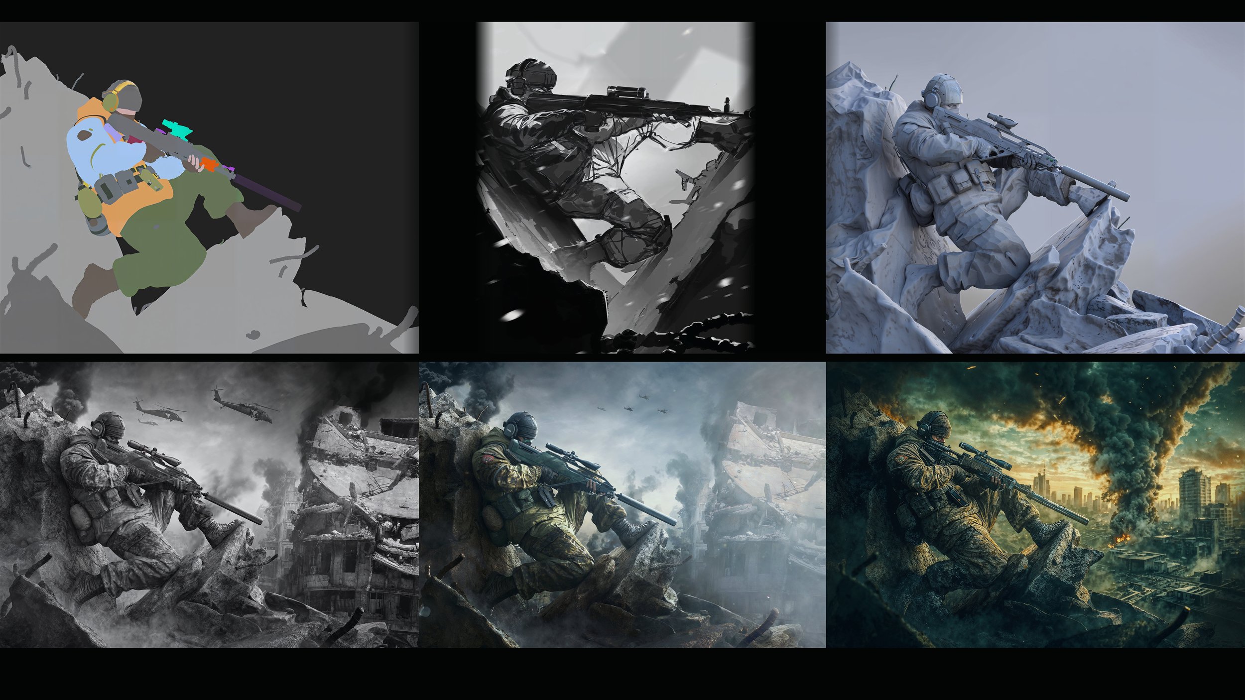 Collage of military soldiers in combat, with scenes of urban warfare, explosions, and warfare in snowy and urban environments.