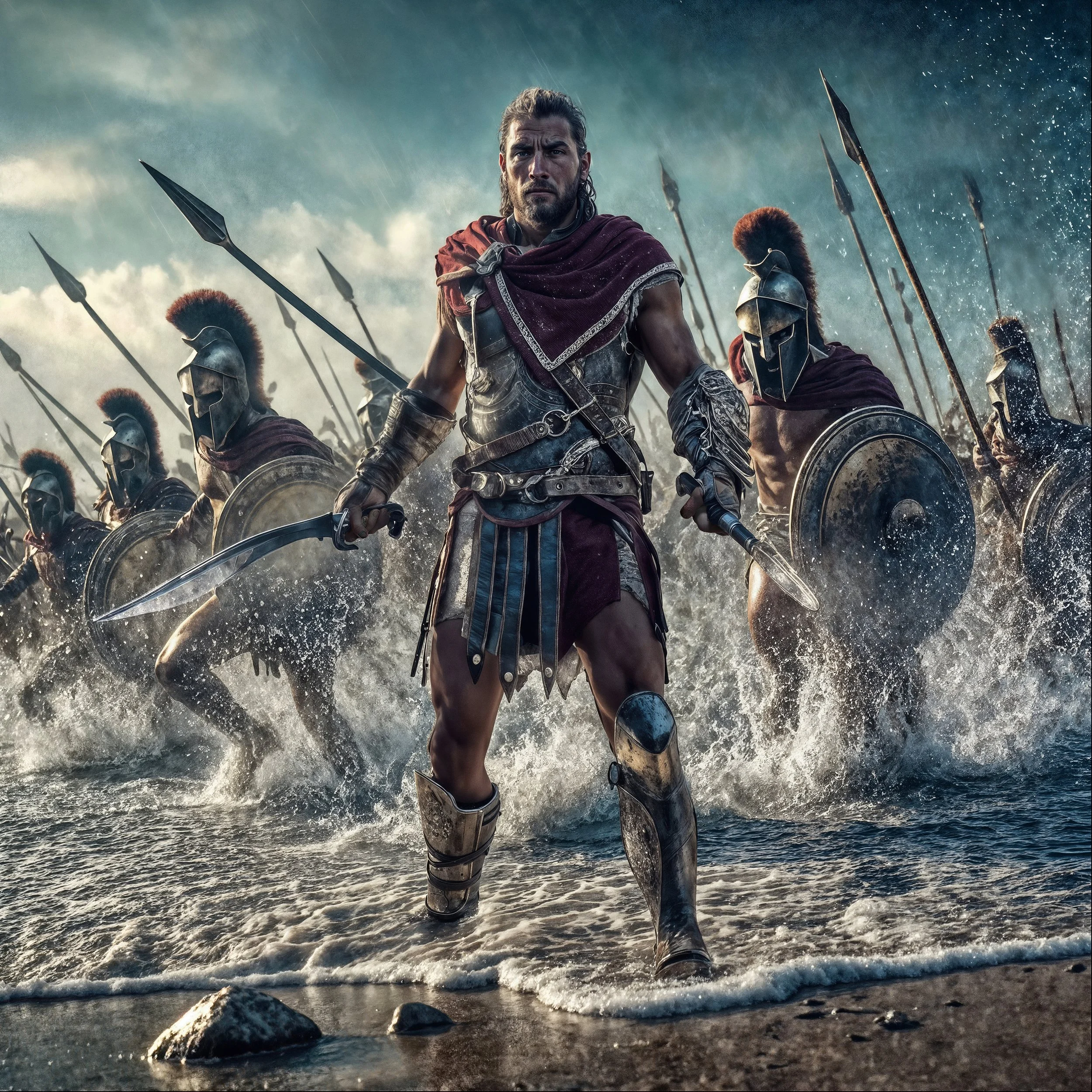 A man dressed as an ancient Roman or Greek soldier, wearing armor, a red cape, and helmet, standing among soldiers with spears and shields in water during a storm or battle.
