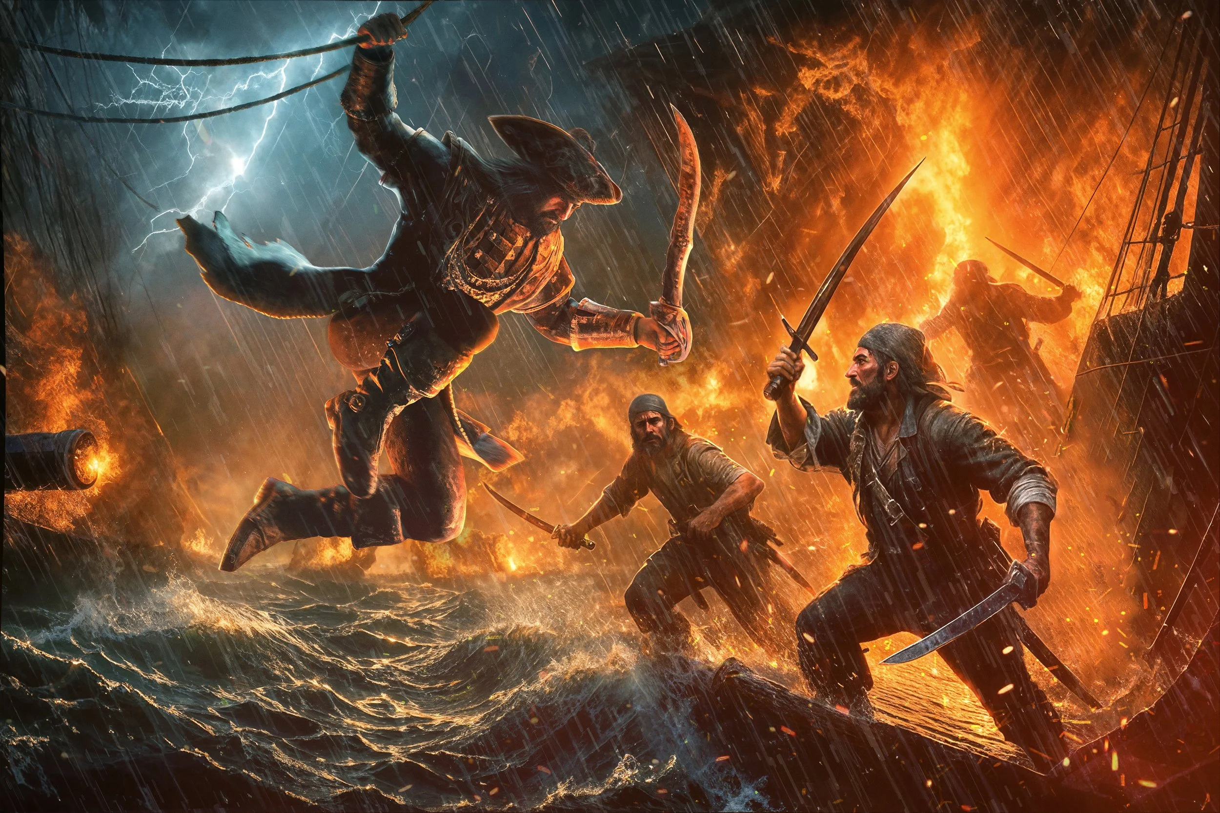A pirate fighting off enemies during a stormy scene with lightning, rain, and fire, holding a sword and a knife.