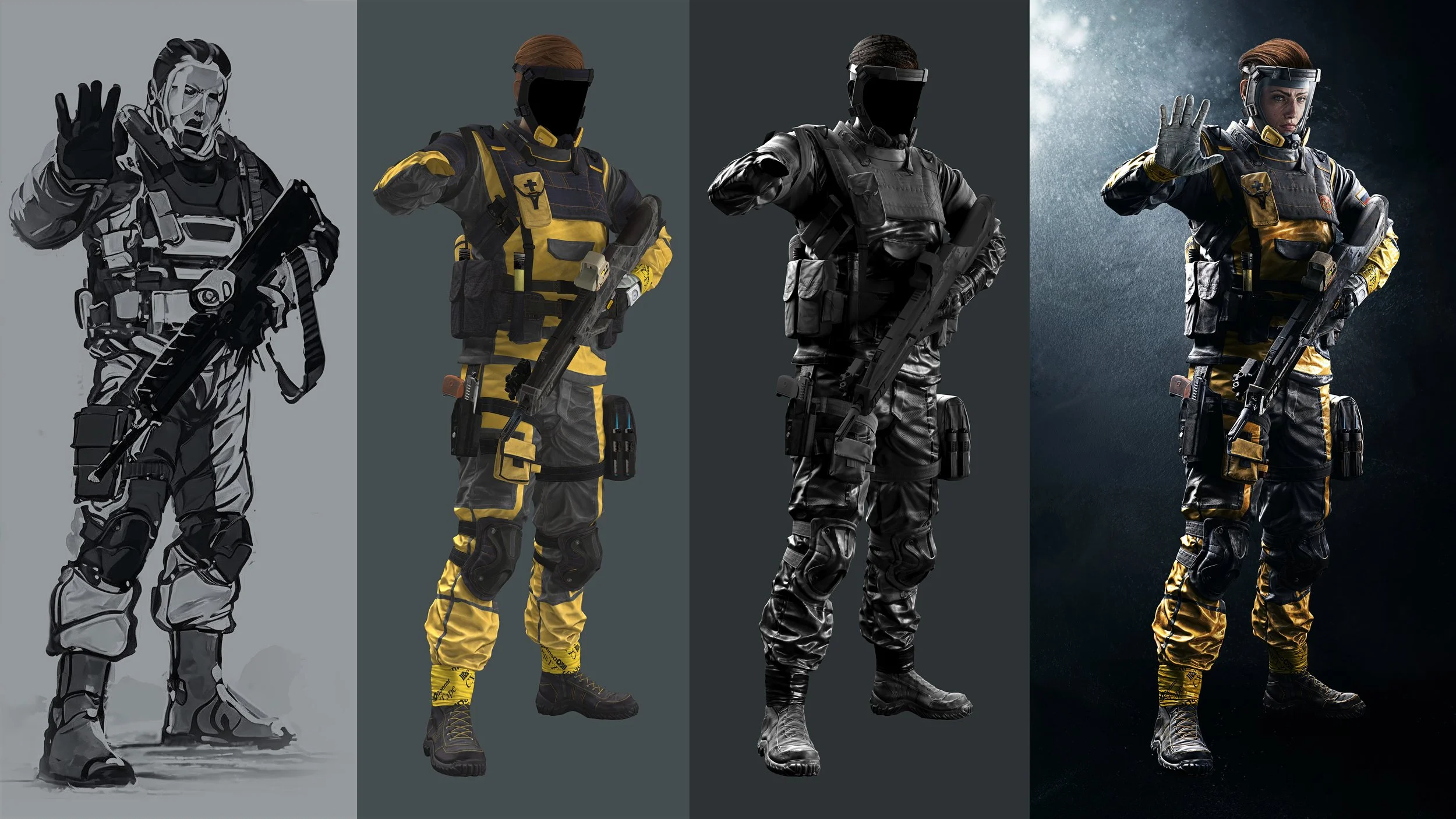 Progression of a female soldier illustration transforming into a realistic 3D render, with different phases from sketch, to colored digital art, to a highly detailed 3D model, all wearing a black and yellow tactical uniform with helmet, gloves, and h