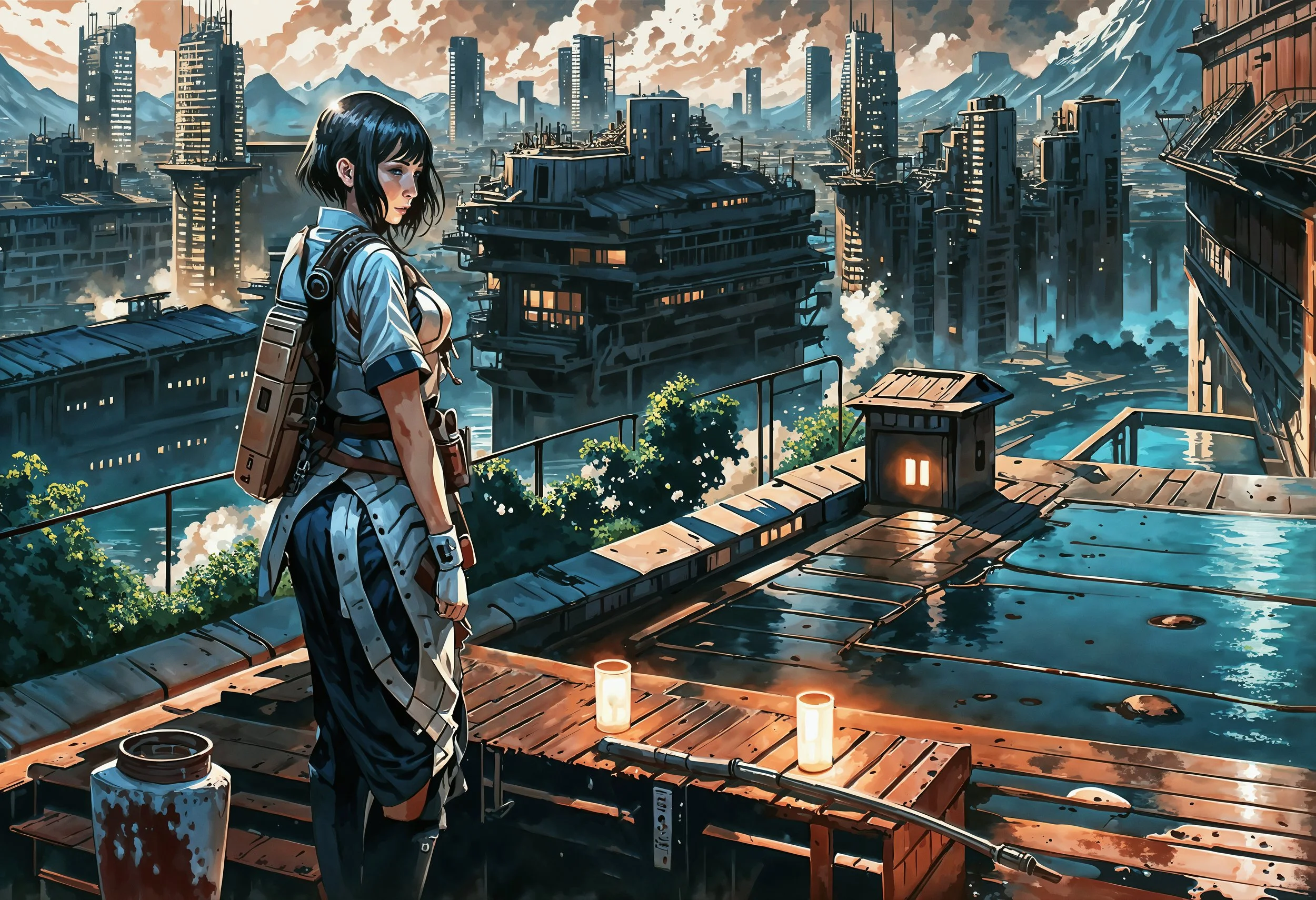 A woman with short black hair and a backpack stands on a rooftop viewing a futuristic cityscape with tall buildings, mountains, and a cloudy sky in the background. Candle lights are on the rooftop.