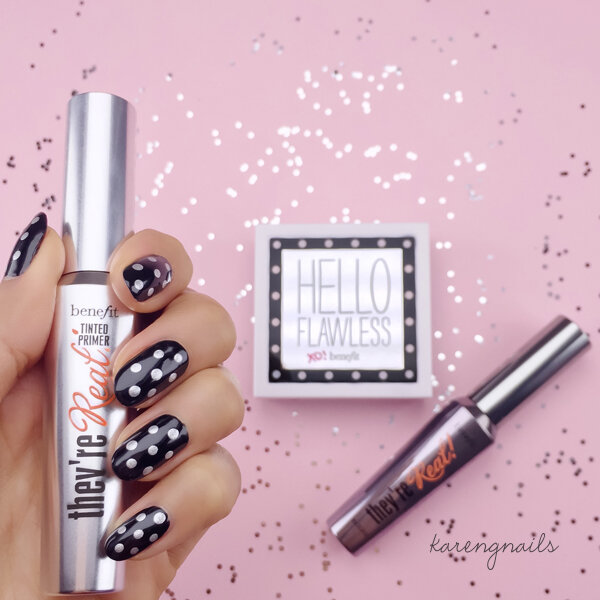 Benefit Cosmetics they're Real mascara and Hello Flawless inspired nail art by Karen G Nails Karen Gutierrez