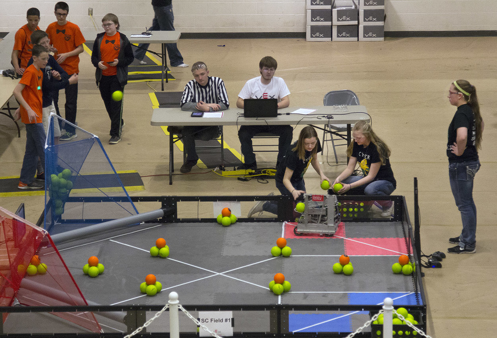  The Cyber Pirates compete during the VEX Missouri State Robotics Championship in Rolla on Saturday. The team demonstrates their computer programming skills during this portion of the competition, different than the head-on competing. 
