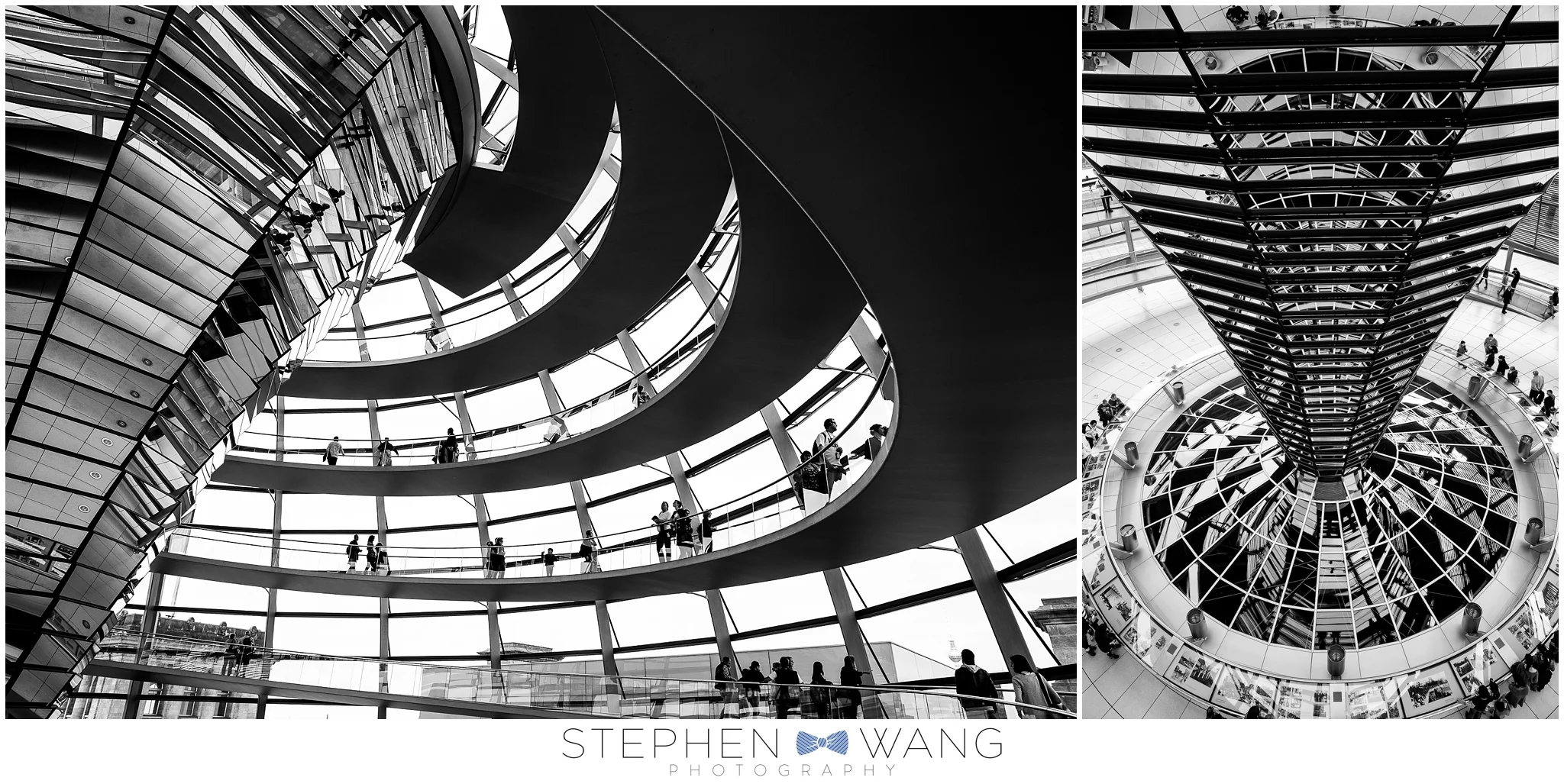 At the top of the Reichstag building in Berlin, a glass dome allows great views of the surrounding area. A mirrored pillar in the center of the dome directs light downwards into the parliament floor below, while a rotating shield blocks harsh, direct sunlight. Science!