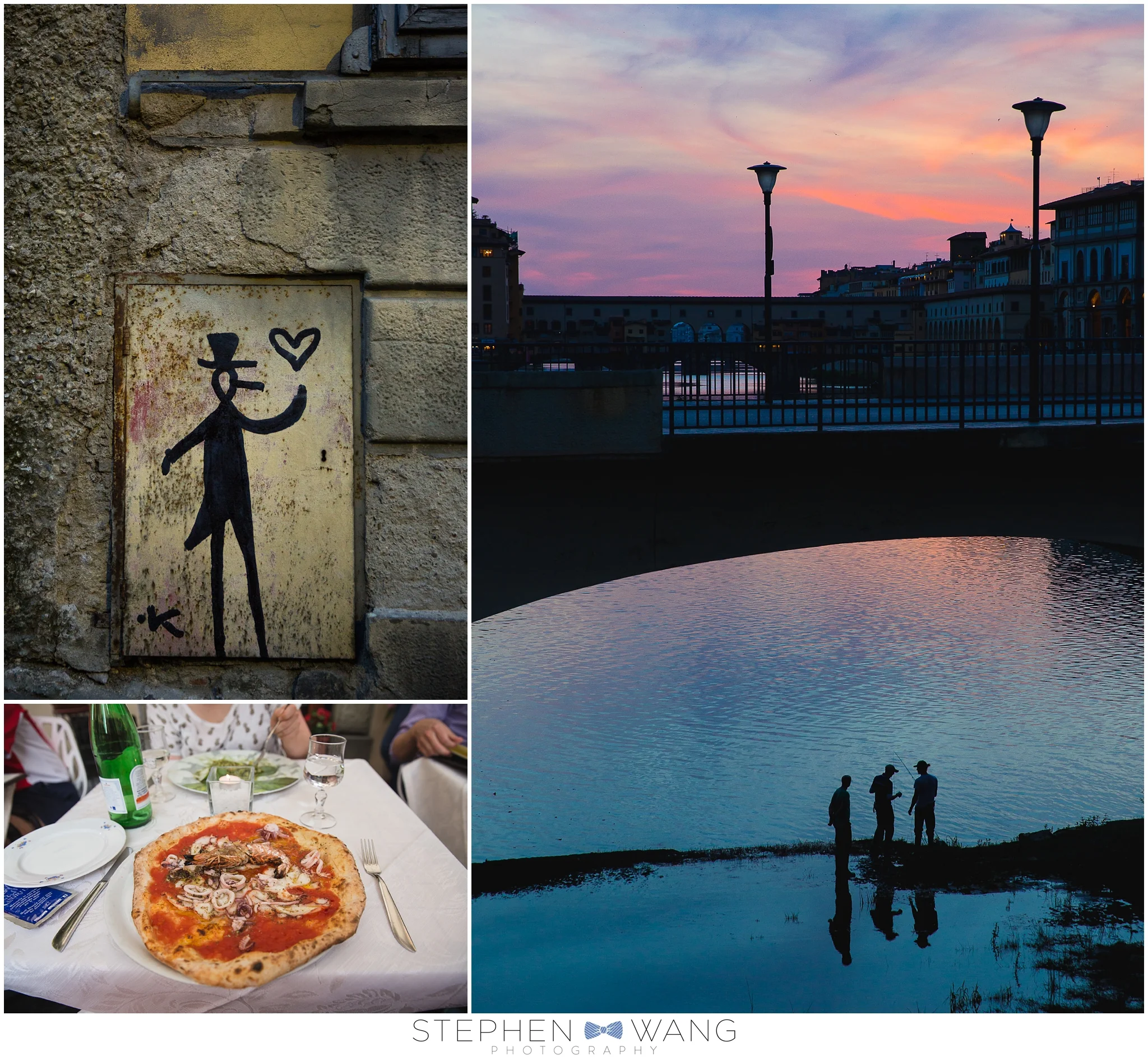 Some penguin graffiti, a delicious pizza pescatore, and fishermen in the Arno at dusk.
