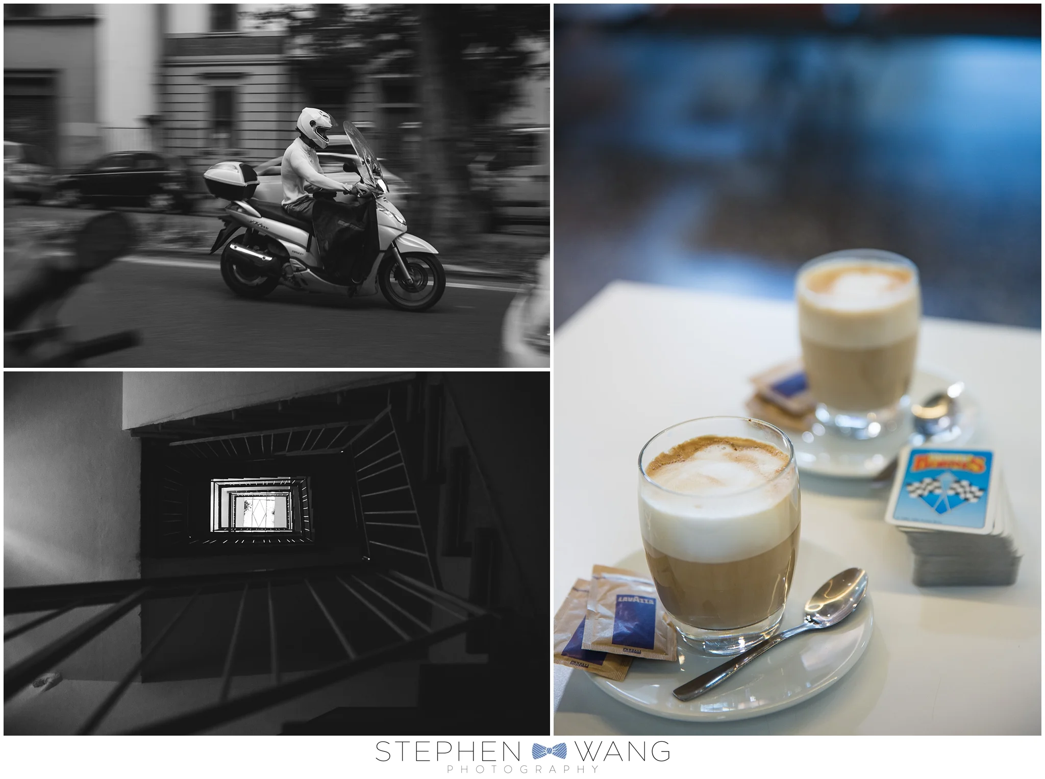 Last day of the trip. A couple black and white views before we left, and having a last taste of Italy with some cappuccinos at the airport playing our favorite card game, Mille Bornes.