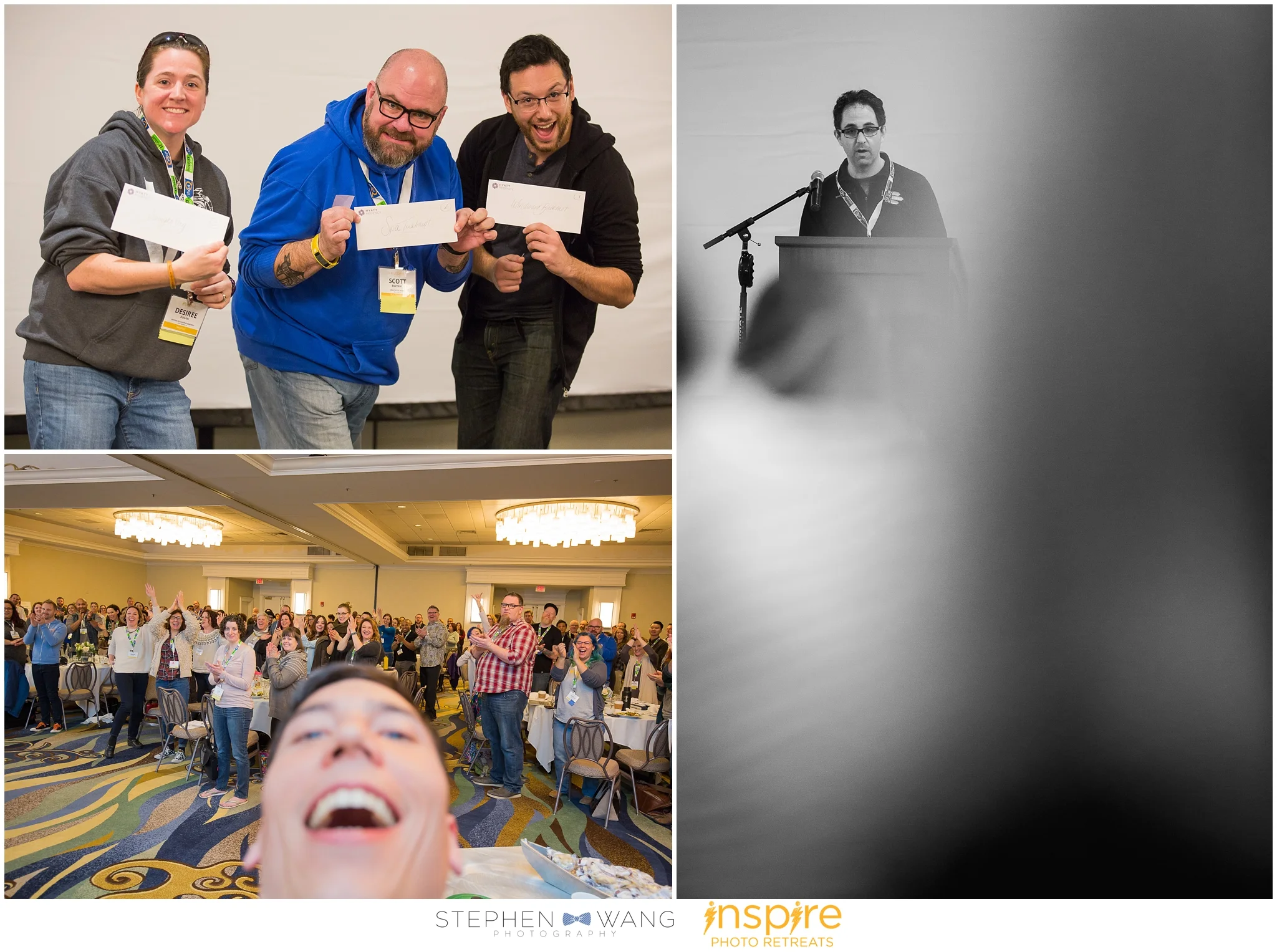 The Hyatt gave out prizes! The lucky winners, a selfie as I was being applauded for my work, and Paul, the owner of Lens Pro To Go, giving a heartfelt speech about community togetherness.