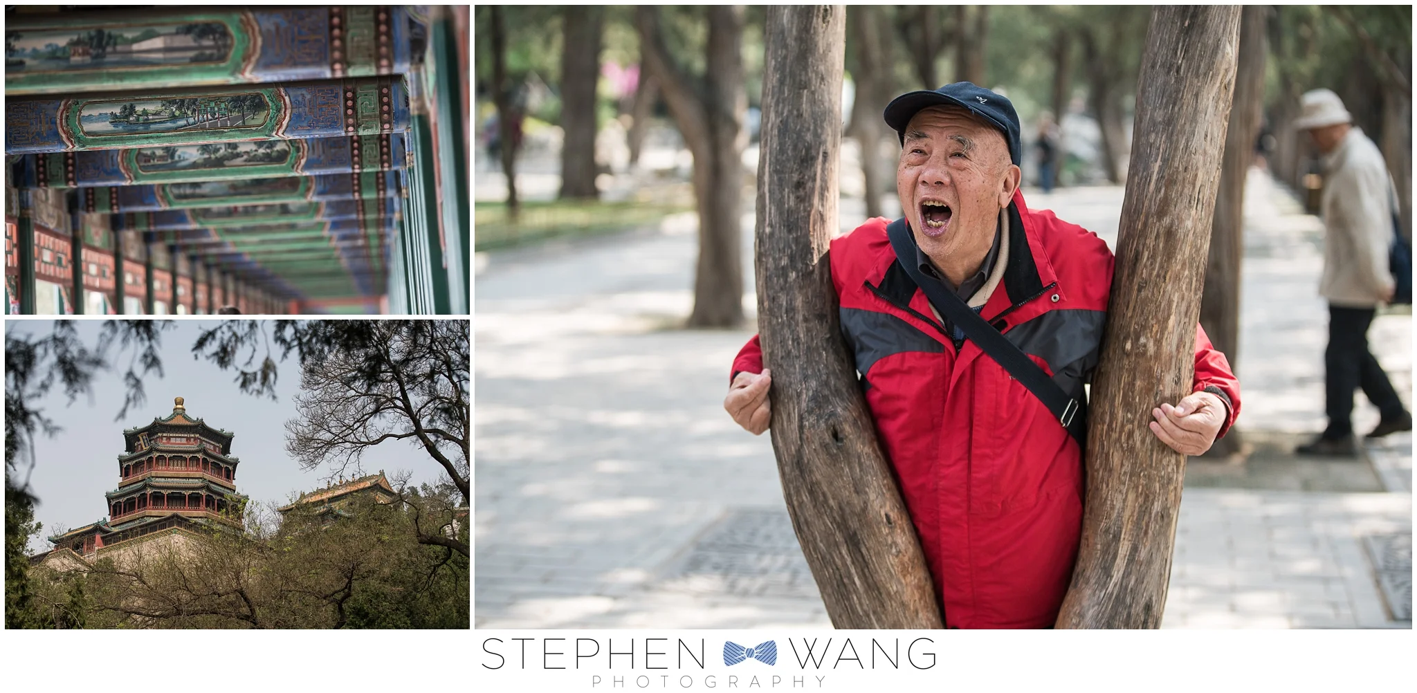 At the Summer Palace, being amused by red jacket man, the world's longest corridor, and an impressive pagoda.