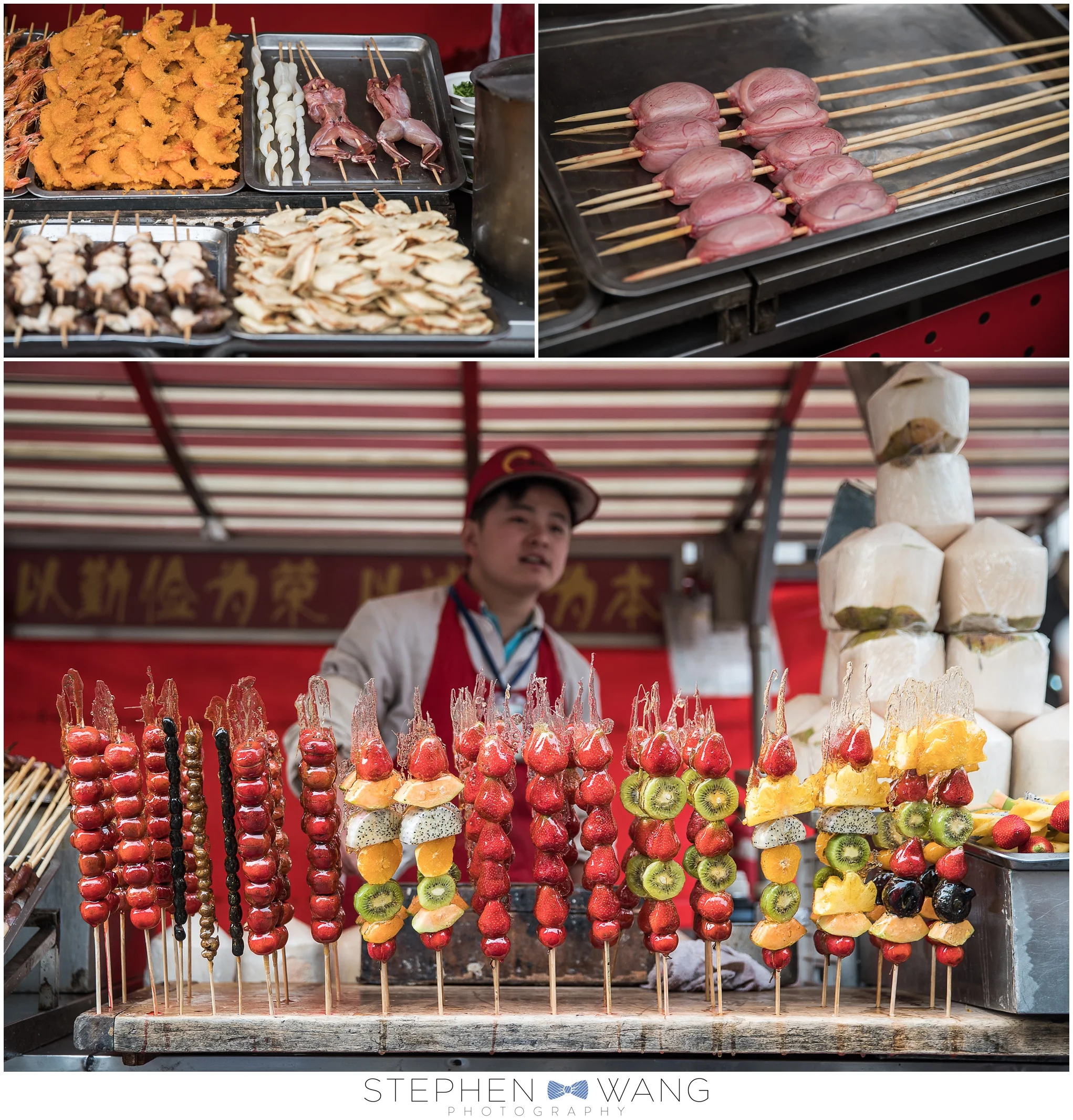 Weird eats at Beijing's night market. Frogs, sheep testicles (yum!), and some candied fruit (that one I would actually eat).