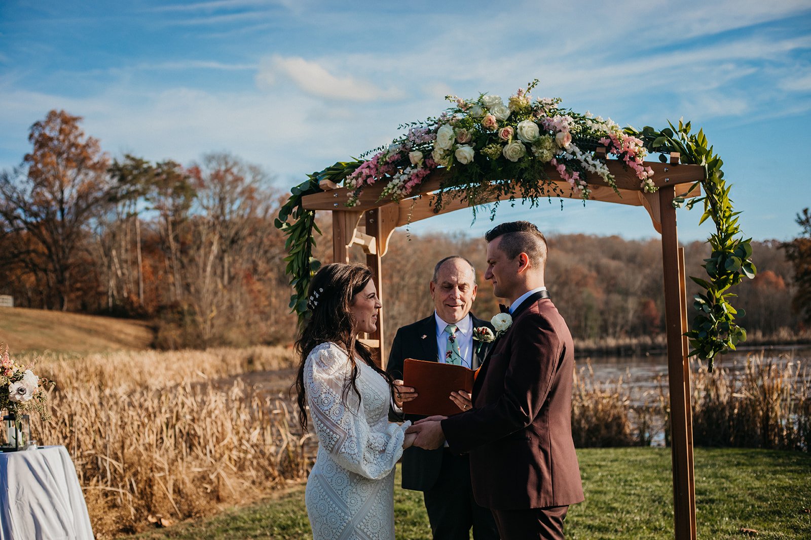 A bride and groom at a ceremony at Turner Crossings Farm in Parkton Maryland.