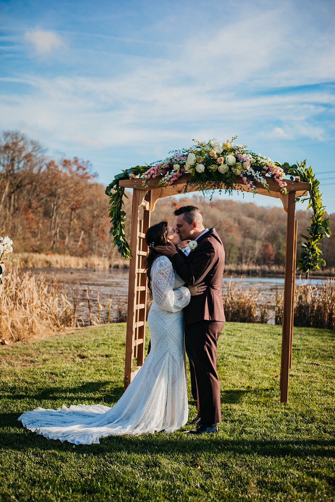 A bride and groom at the ceremony at Turner Crossings Farm in Parkton Maryland.