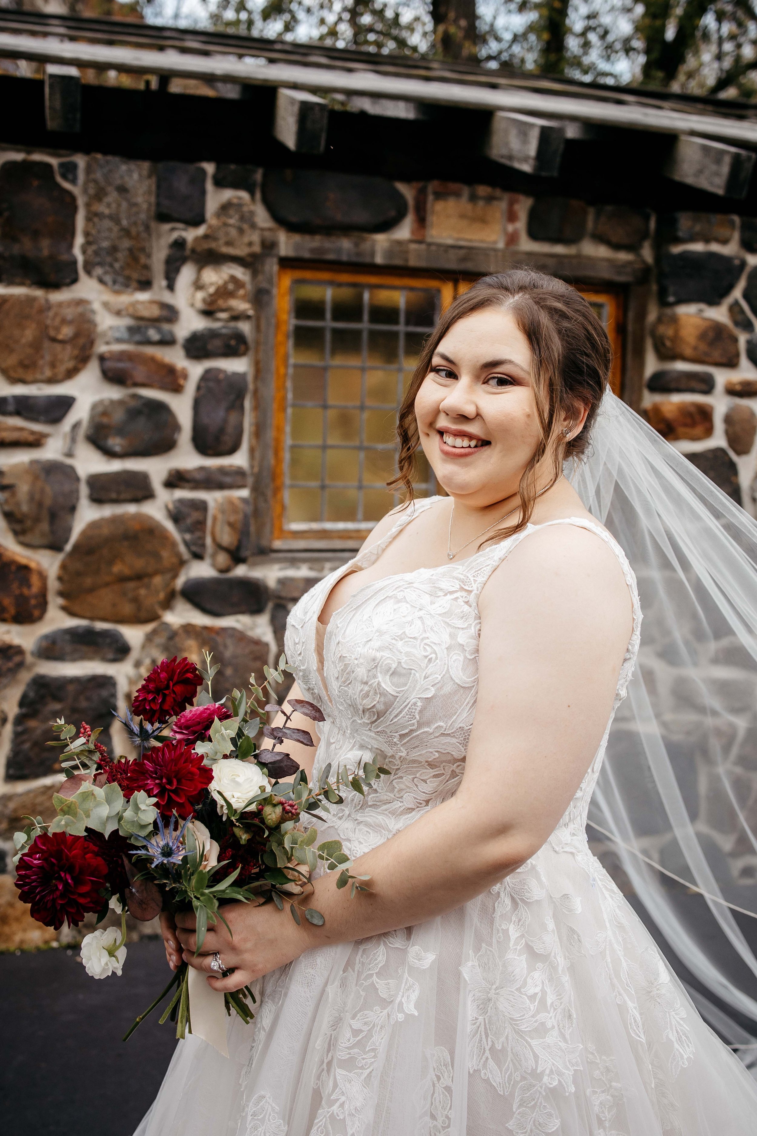 A bride with her bouquet.