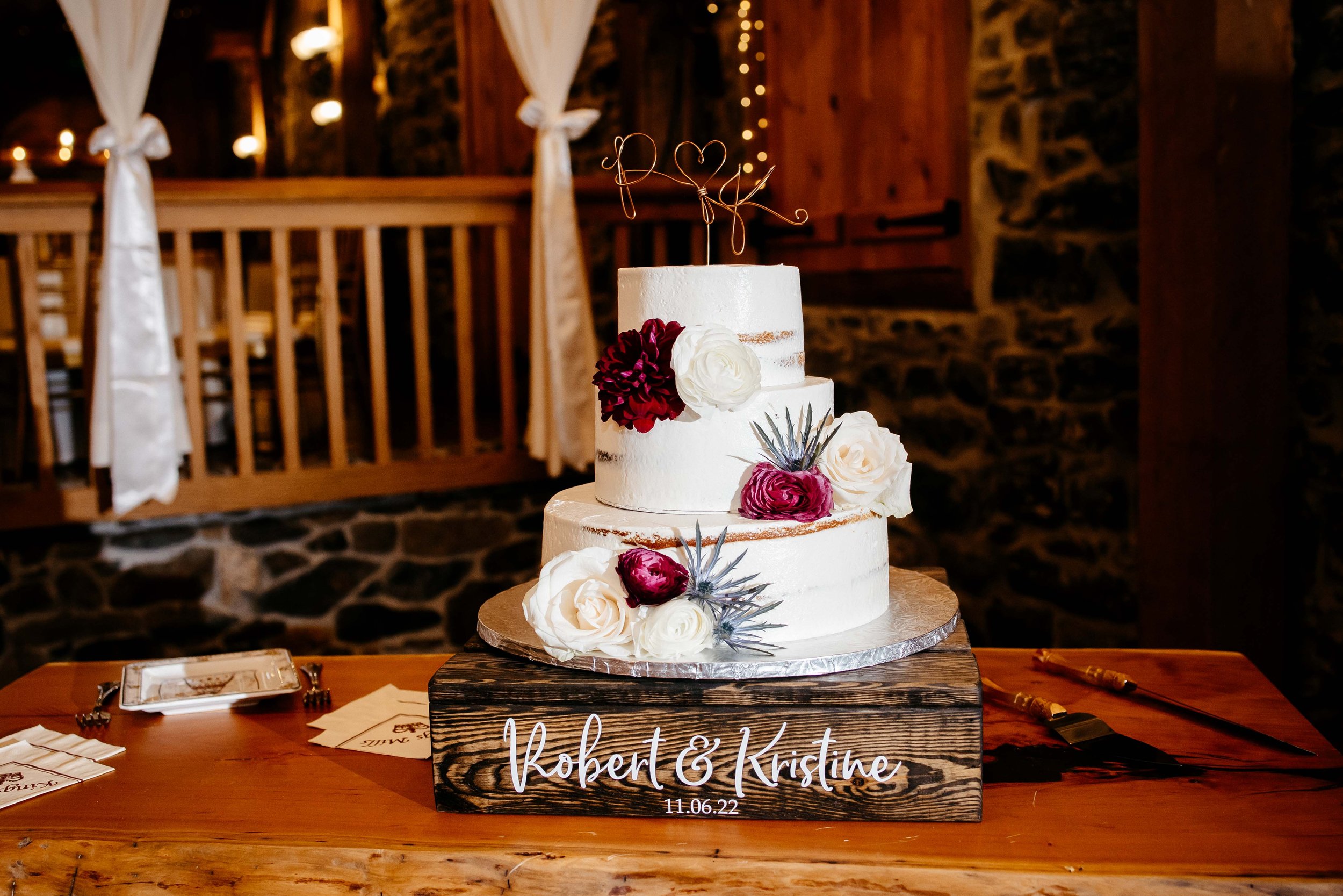 Kristine and Roberts wedding cake at Kings Mill Wedding venue.