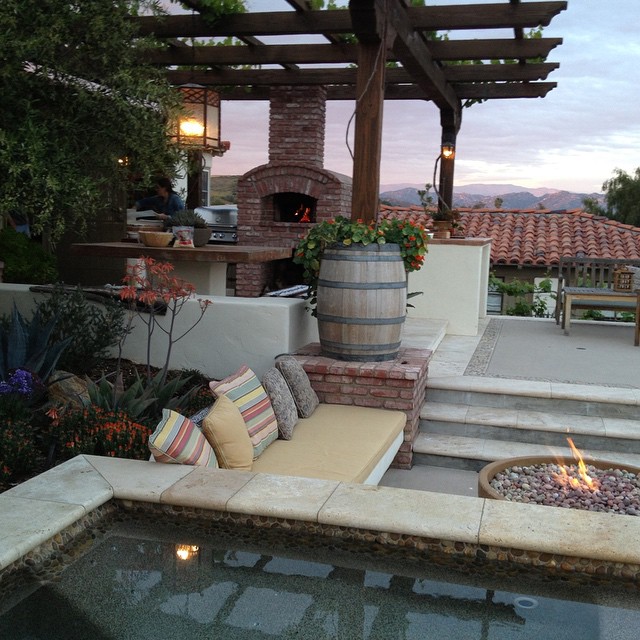 Travertine pool coping, fire bowl, patio cover, outdoor barbecue