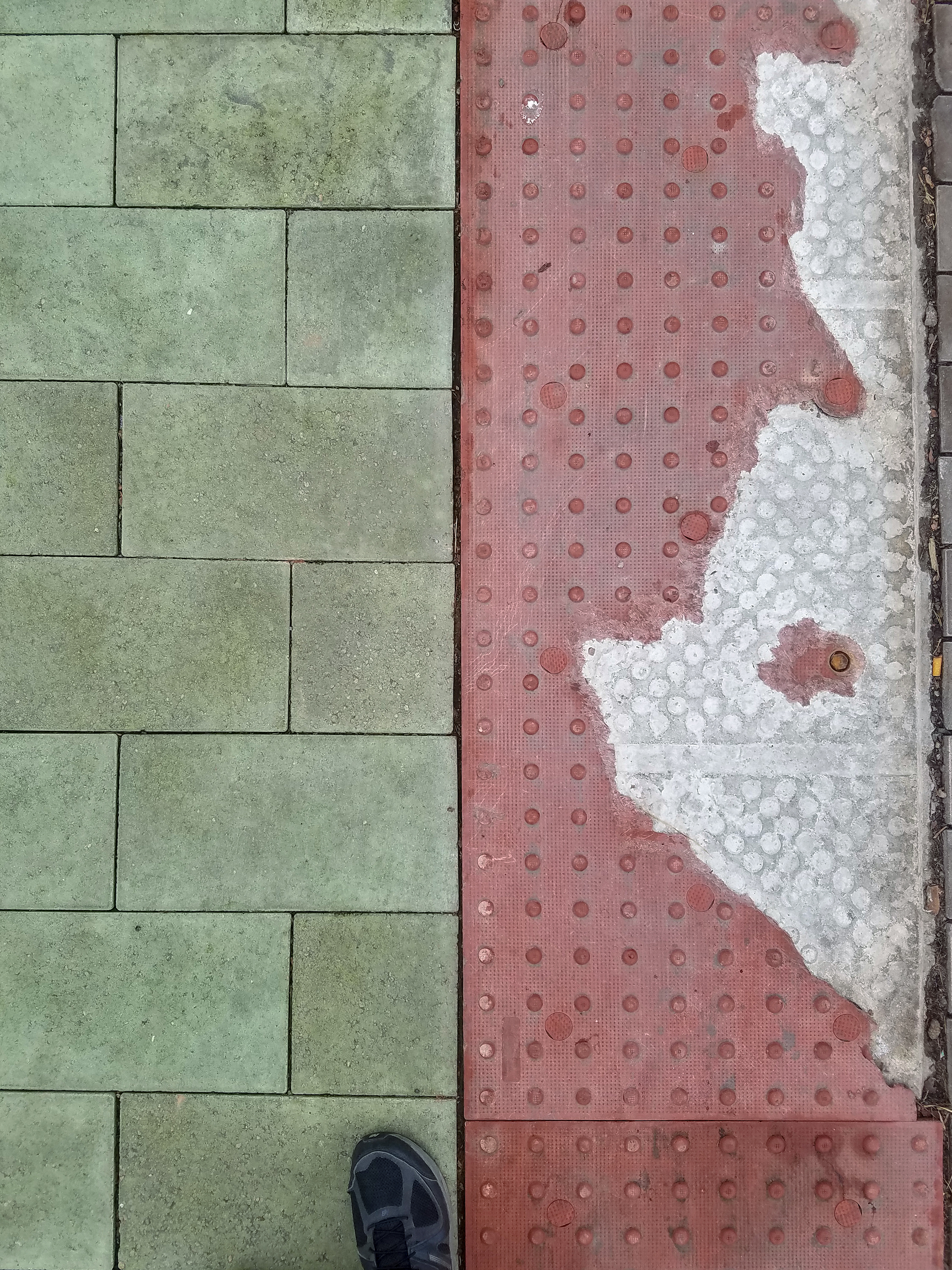 As far as I know, these green-hued bricks only appear in one area on campus, they are larger and flatter than the majority of the other bricks. They share a side with faded, red tactile pavings. They must be faded from all the foot-traffic.