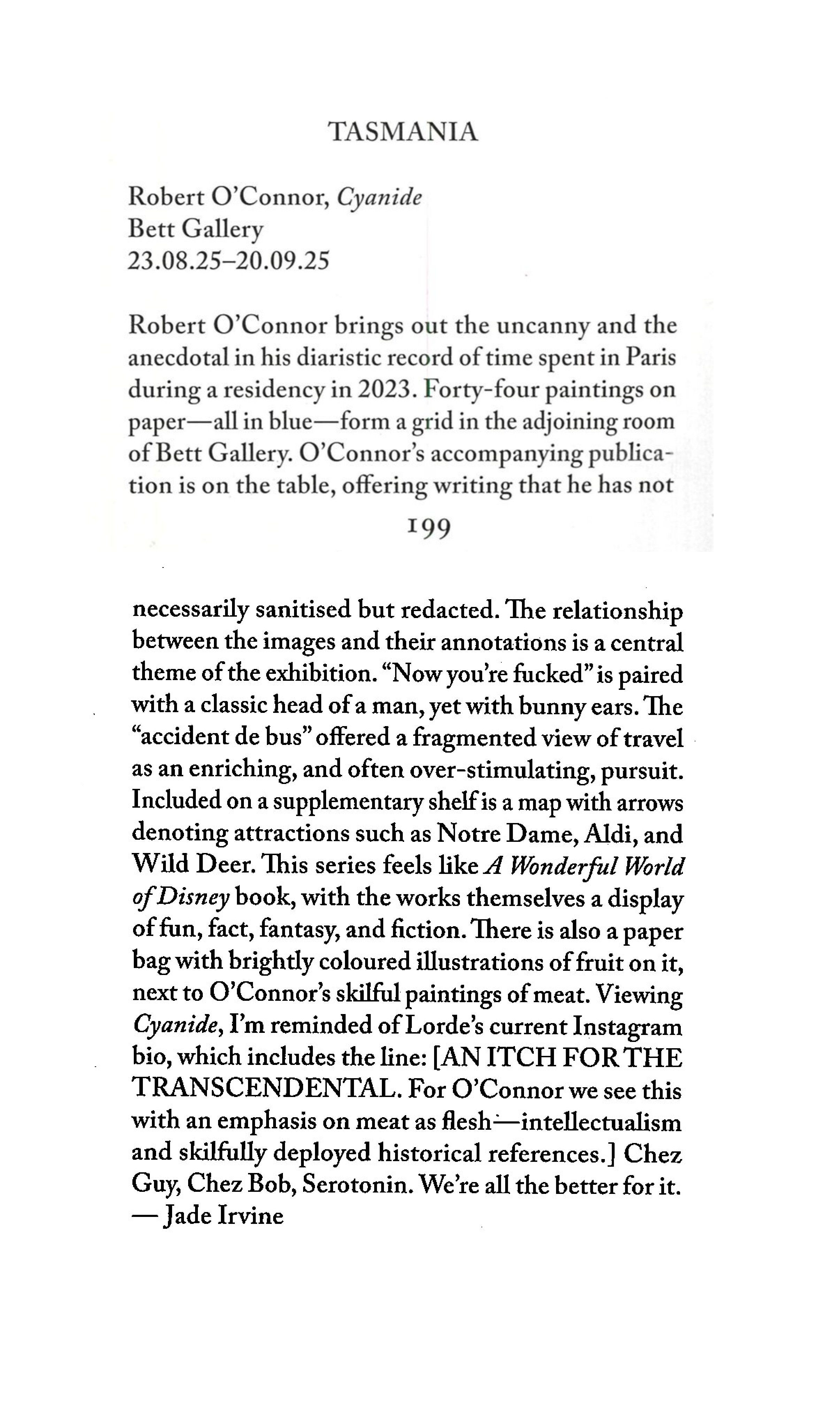 A printed exhibition page for Robert O’Connor's art show titled 'Cyanide' at Bett Gallery, running from August 25 to September 20, 2023, featuring a description of the works and themes.