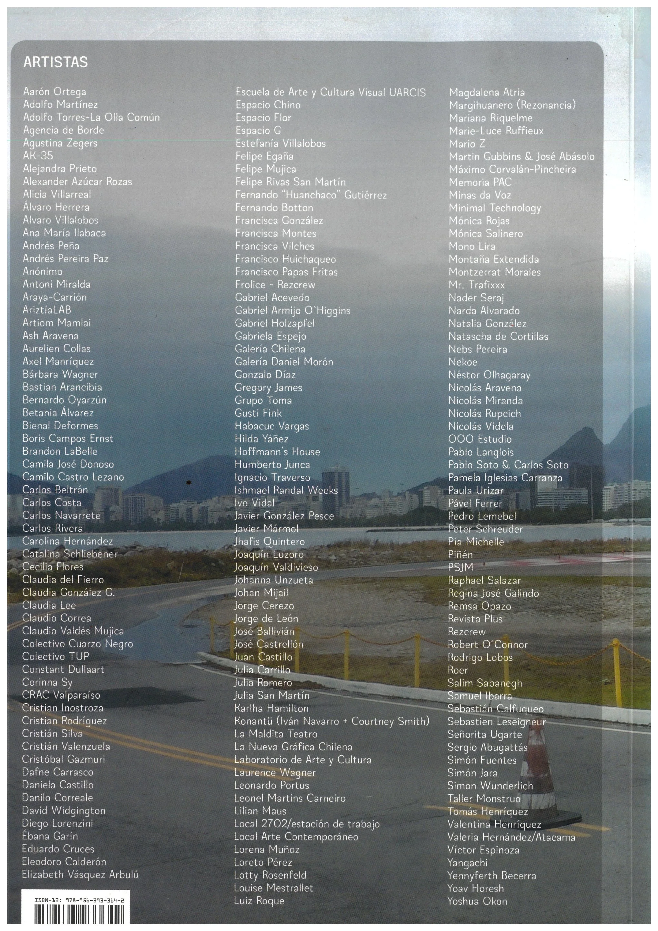 List of artist names on a grey background, with a scenic cityscape and mountain view at the bottom.