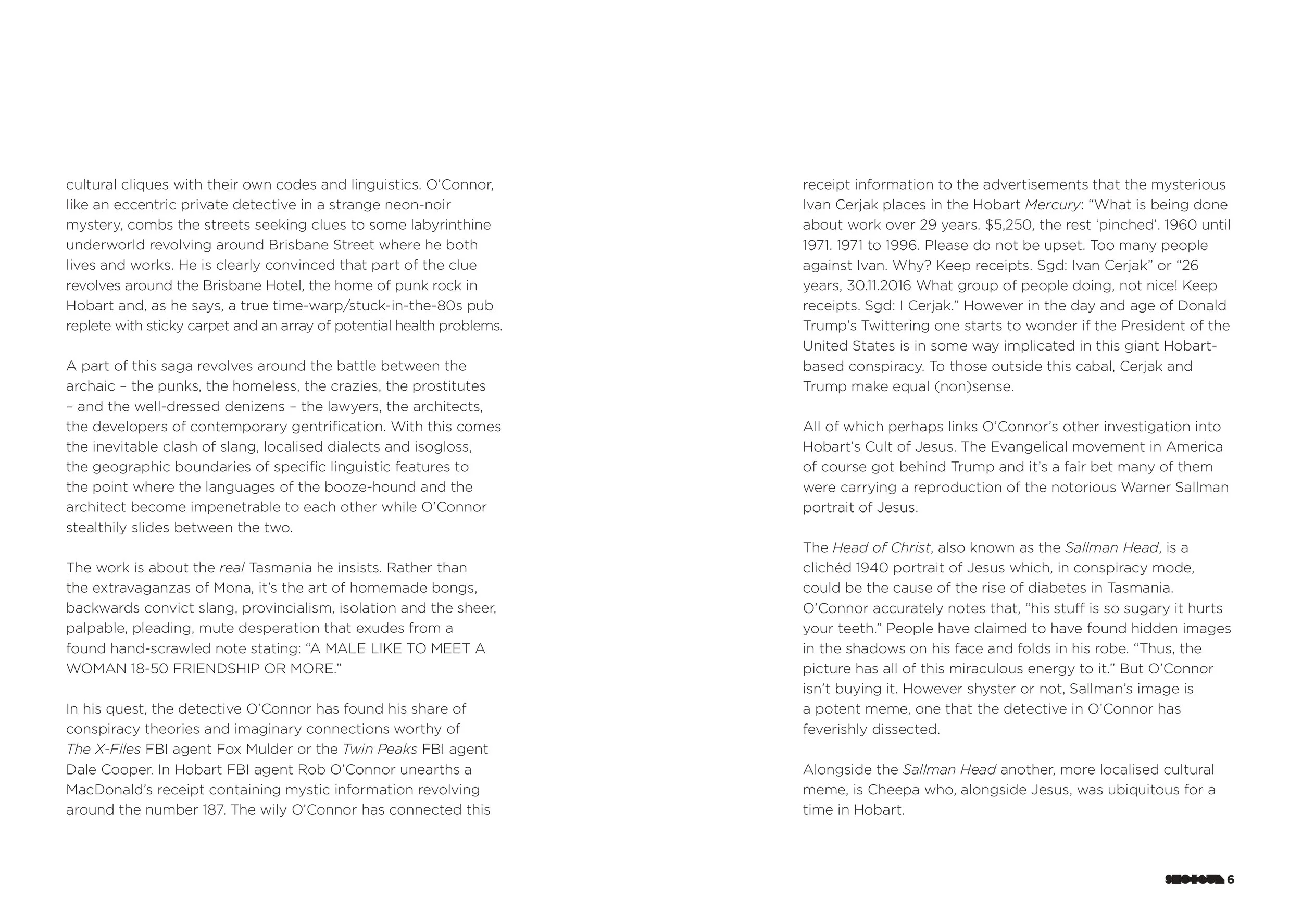 A scanned page of text from a magazine or book, with narrow margins and justified alignment, densely packed with paragraphs across two columns.