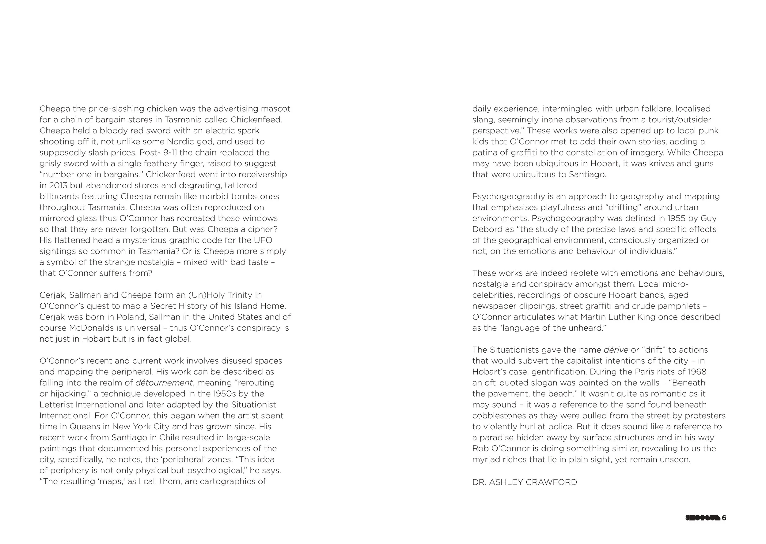 A page from a book or magazine with multiple columns of text discussing topics related to Tasmania, Cheepa, and geography, along with references to artists and concepts in urban and cultural studies.