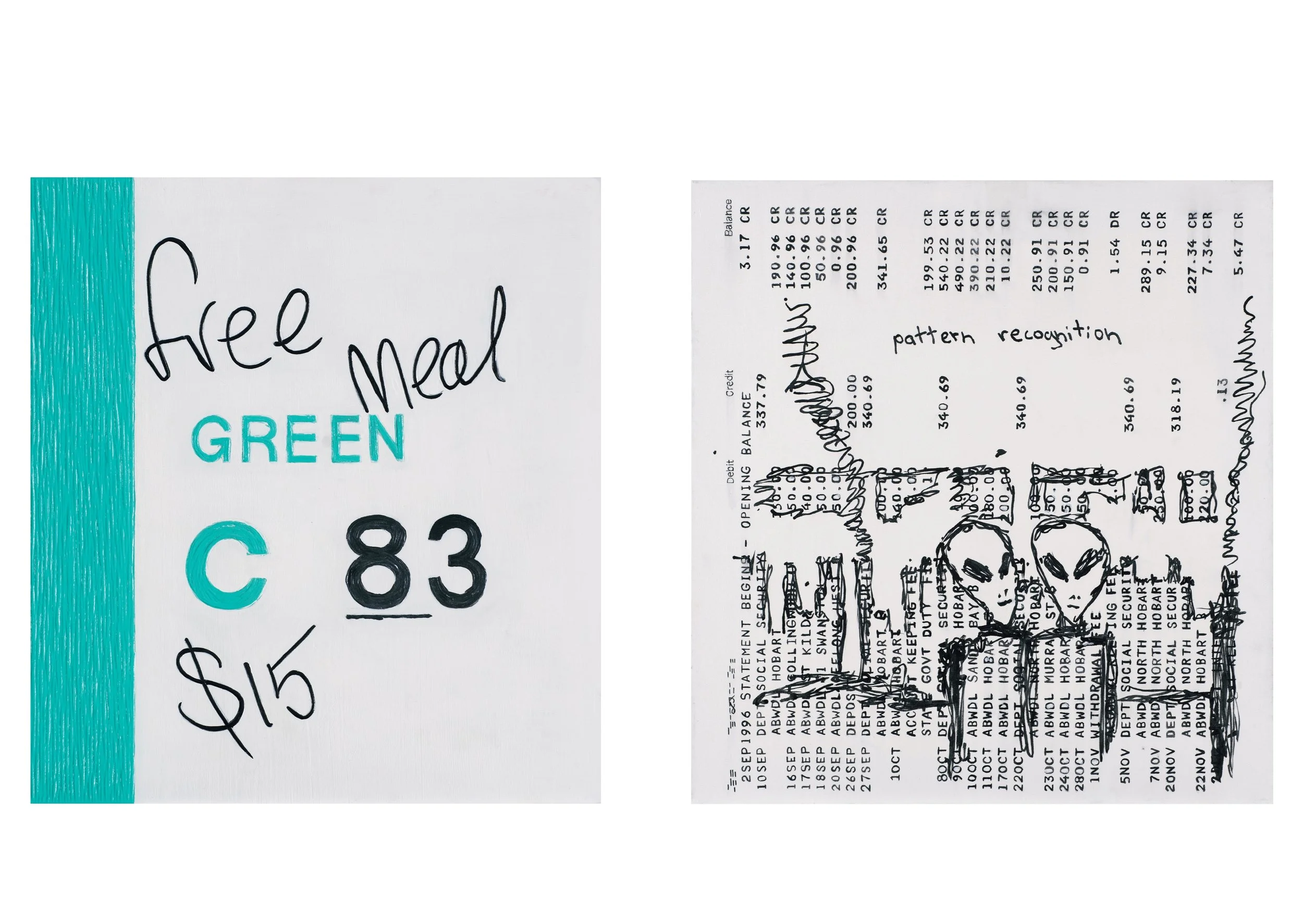 Paintings of A receipt with the word 'Green' and handwritten text 'Free Med $5' on it, alongside a sketch of a dollar bill, and a background of various black handwritten notes containing dates, numbers, and words like 'pattern recognition'.
