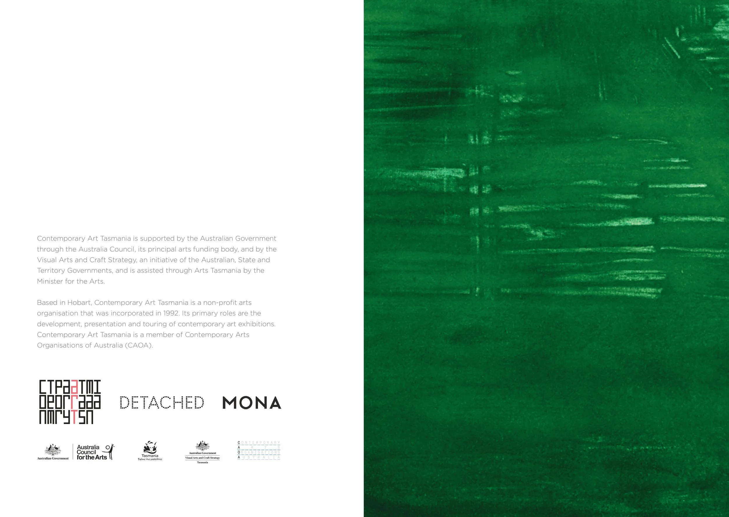 Part of a printed brochure with green textured background to the right, black and red text at the bottom left, and logos of Australian art organizations, including the Australia Council and the Tasmania government, with supporting text related to Con