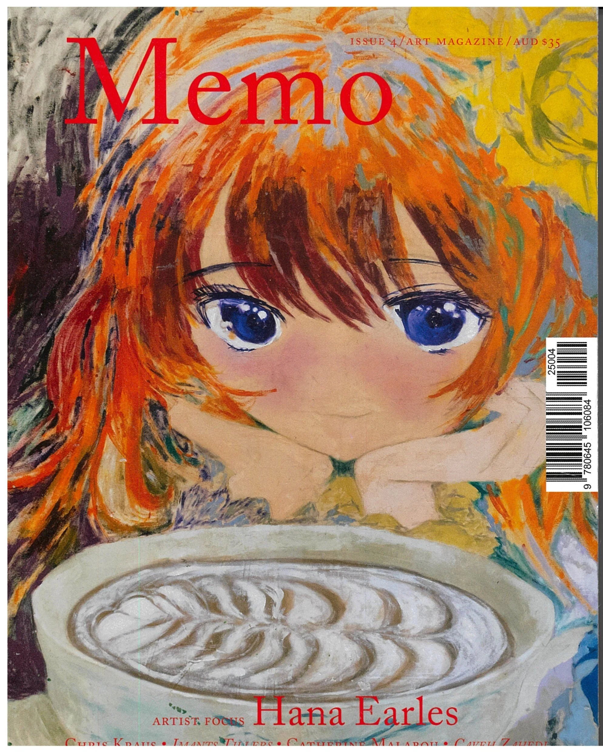 Close-up of the cover of an art magazine featuring a colorful painting of a girl with orange hair and blue eyes. The magazine is titled 'Memo' and the issue is 4, priced at AUD $35. The artist is Hana Earles.