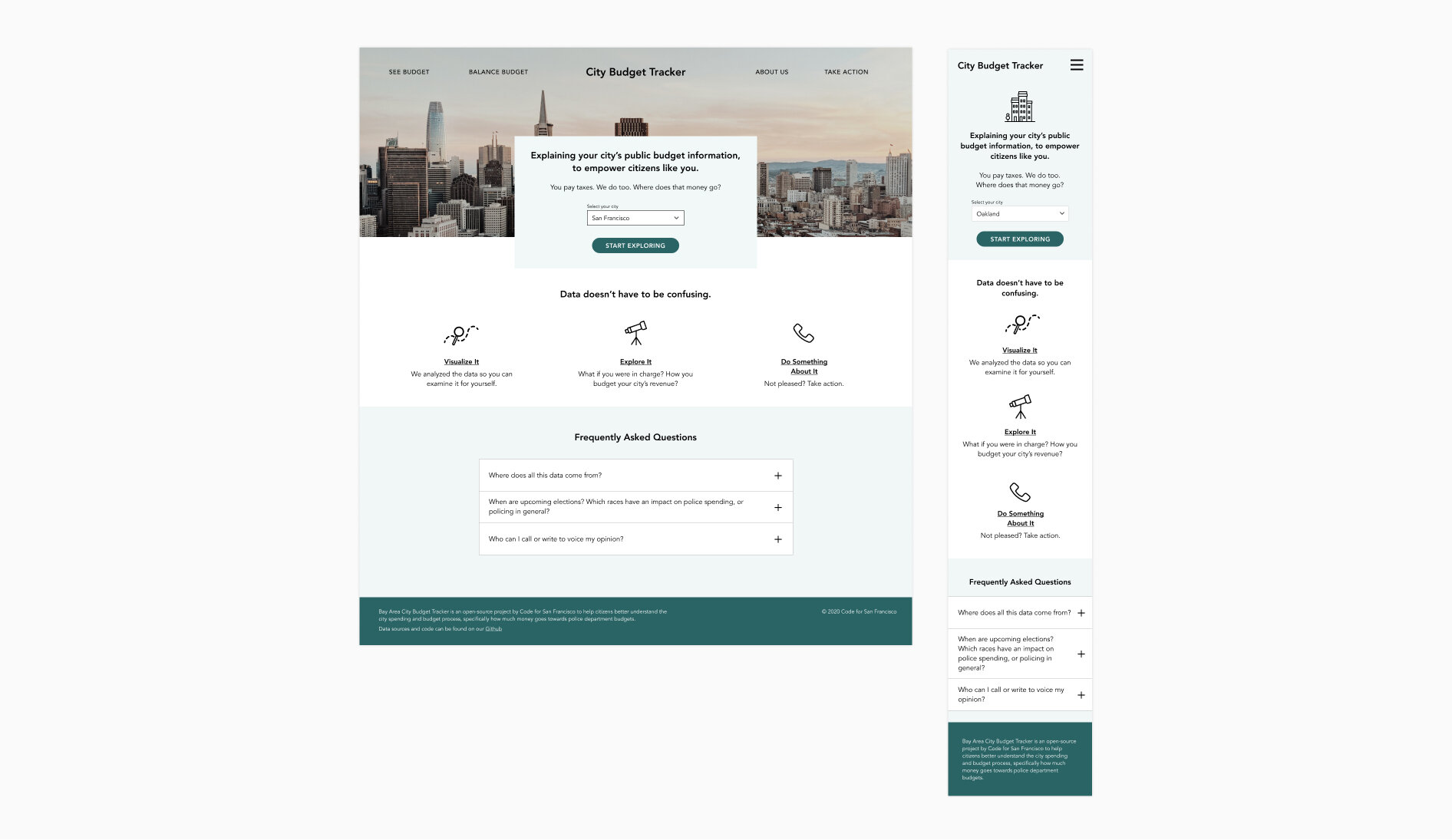 Homepage prompts visitors to select a city and directs them to explore the budget data in multiple ways.