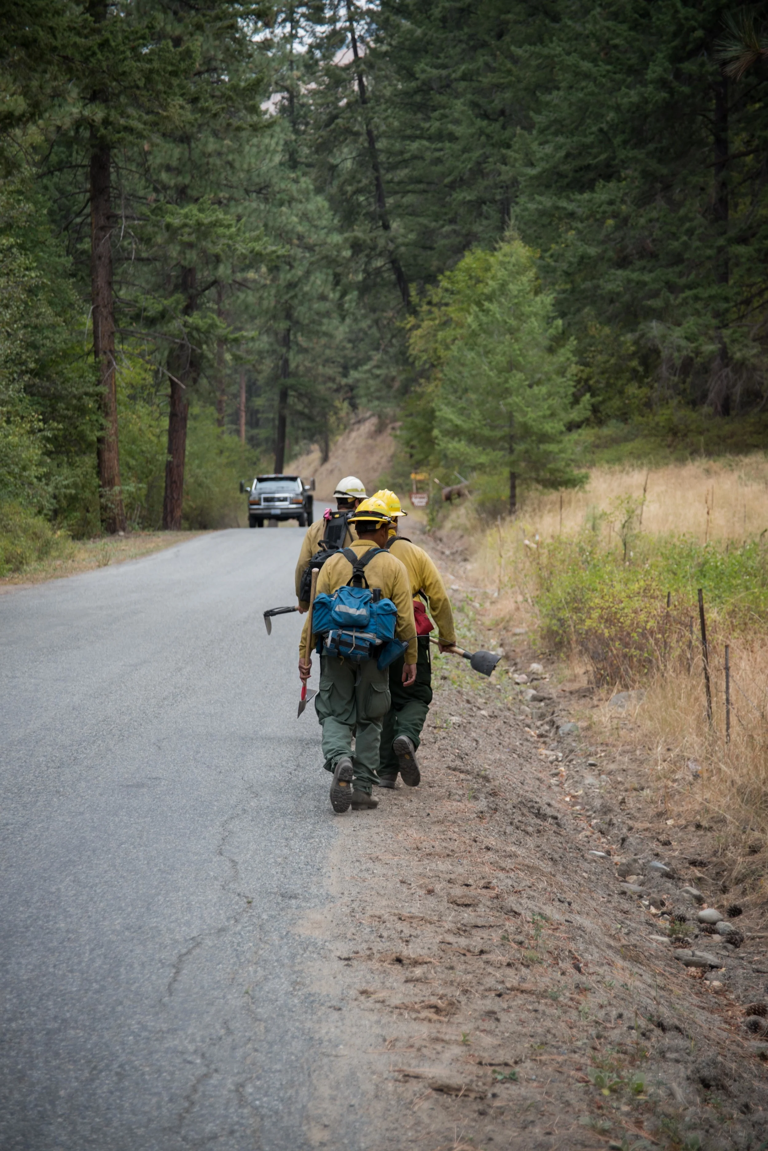 Myles, Byron and Jan all part of the DNR crew from the Olympic Peninsula head out to begin their hike up the mountain in search of possible fire activity.