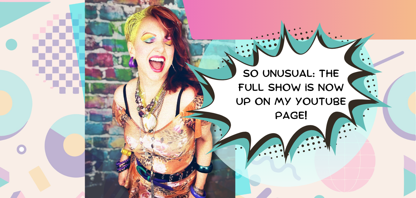 Angie in her Cyndi Lauper regalia announcing with a cartoon bubble that her Cyndi Lauper tribute show is now available on YouTube