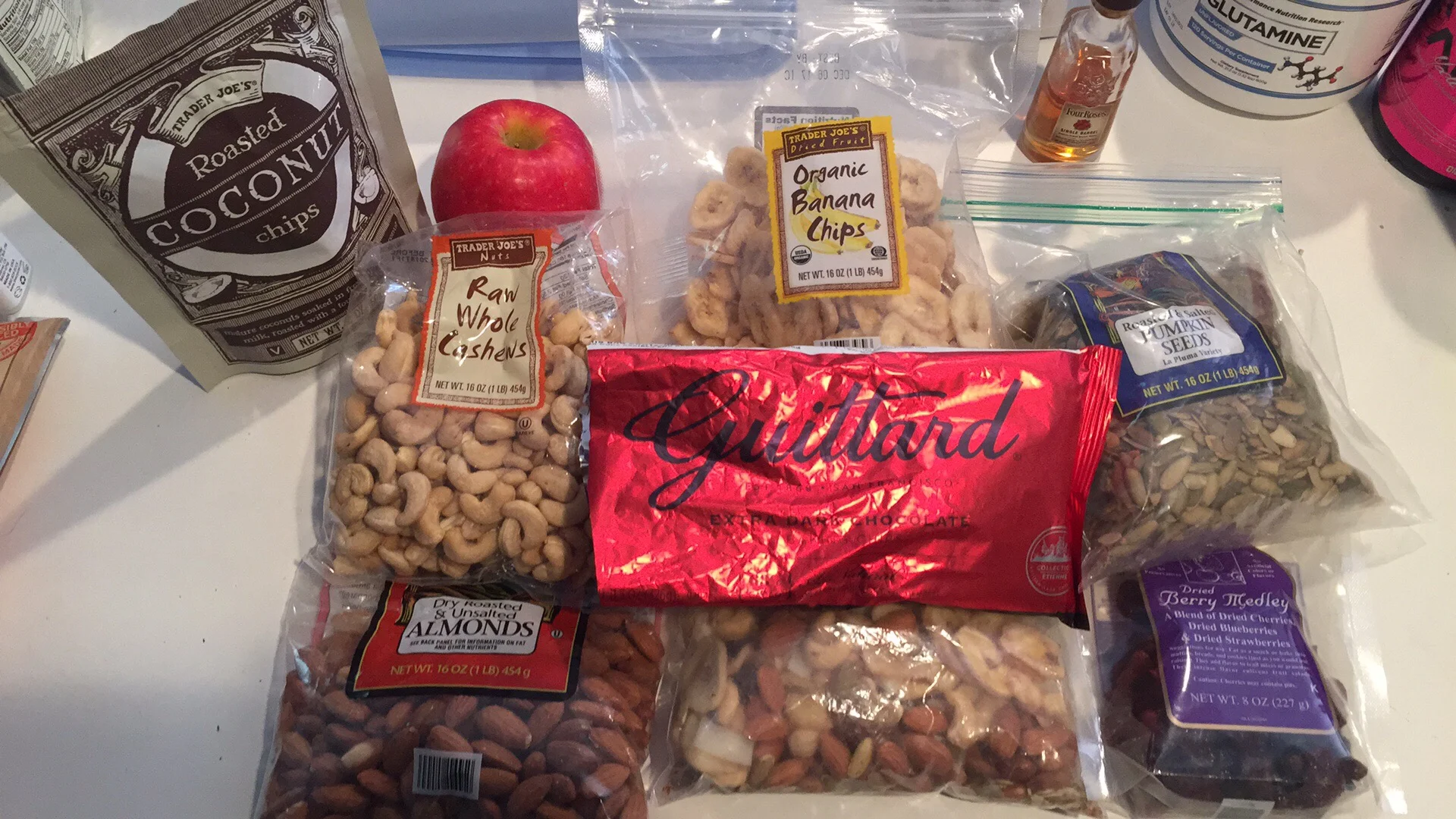 No, the Four Roses is NOT included in my trail mix. Yes, there is chocolate involved, but slow your roll- I have maybe 1/8 cup of dark chocolate chips in a mix, if that.