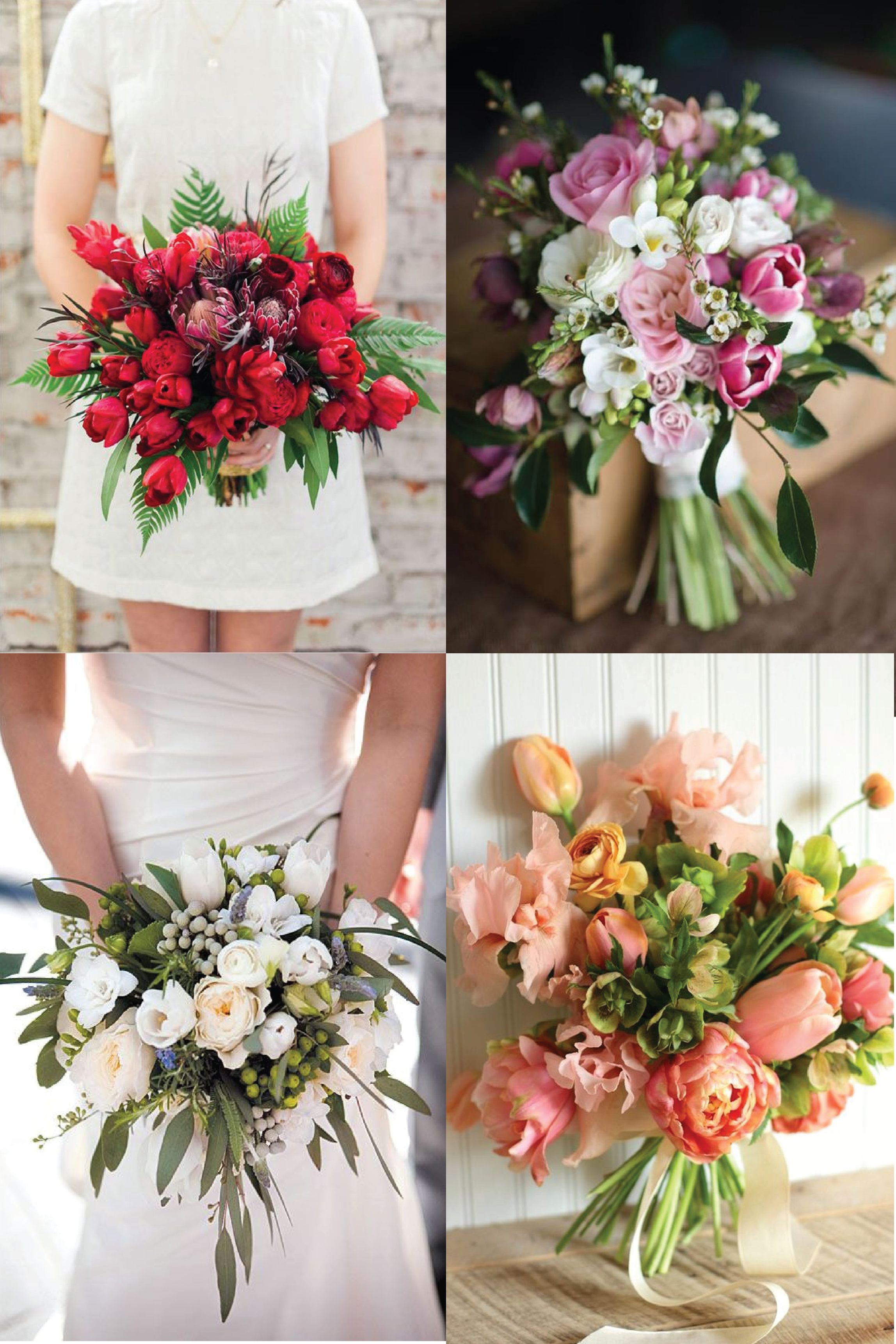 From clockwise, from top left: photo by Brittany Lauren ; flowers by Magdalen Hill and photo by Natalie McNally ; flowers by Love N Fresh Flowers ; flowers by Kimball Floral and photo by Tracy Carolyn .