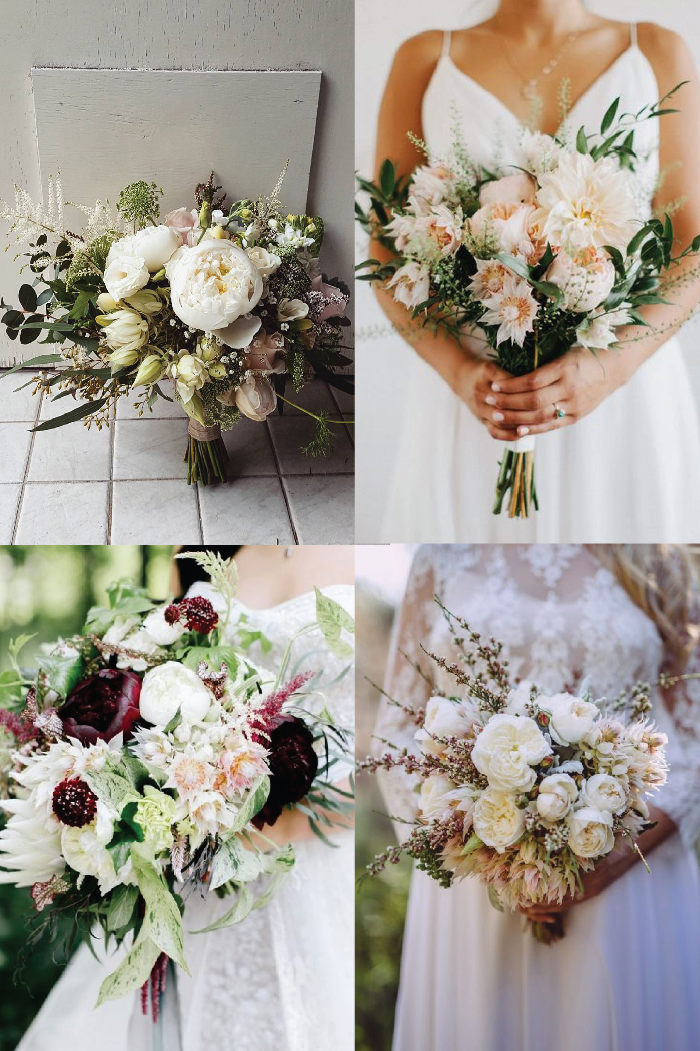 From clockwise, from top left: flowers and photo by Lime Tree Bower; flowers by Sara K Byrne and photo by Dylan M Howell ; flowers by Sullivan Owen and photo by Emily Wren Weddings ; flowers by Wild Lotus Florist and photo by Kieran Moore .