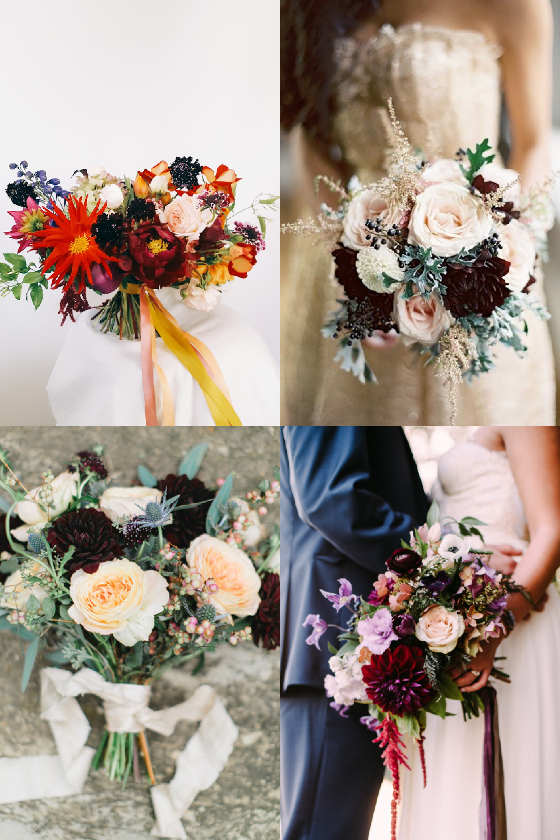 FROM CLOCKWISE, FROM TOP LEFT: FLOWERS BY LIME TREE BOWER ; PHOTO BY EDWARD OSBORN PHOTOGRAPHY; FLOWERS BY CAROLINE O'DONNELL AND PHOTO BY CAMBRIA GRACE PHOTOGRAPHY ; FLOWERS BY WHIMSICAL FLORAL DESIGN AND PHOTO BY RACHEL MAY PHOTOGRAPHY .