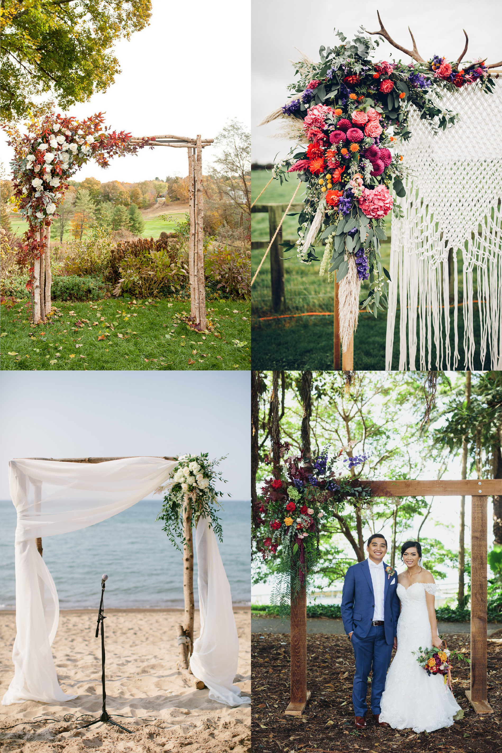 FROM CLOCKWISE, FROM TOP LEFT: Photo by Mikkel Paige , Floral Design by Swaffham and Fakenham Florists and Photo by Darina Stoda Photography , Flower Design by Lime Tree Bower and photo by jack chauvel , Flower Design by Stella Event Design and Photo by Katie Kett Photography . 