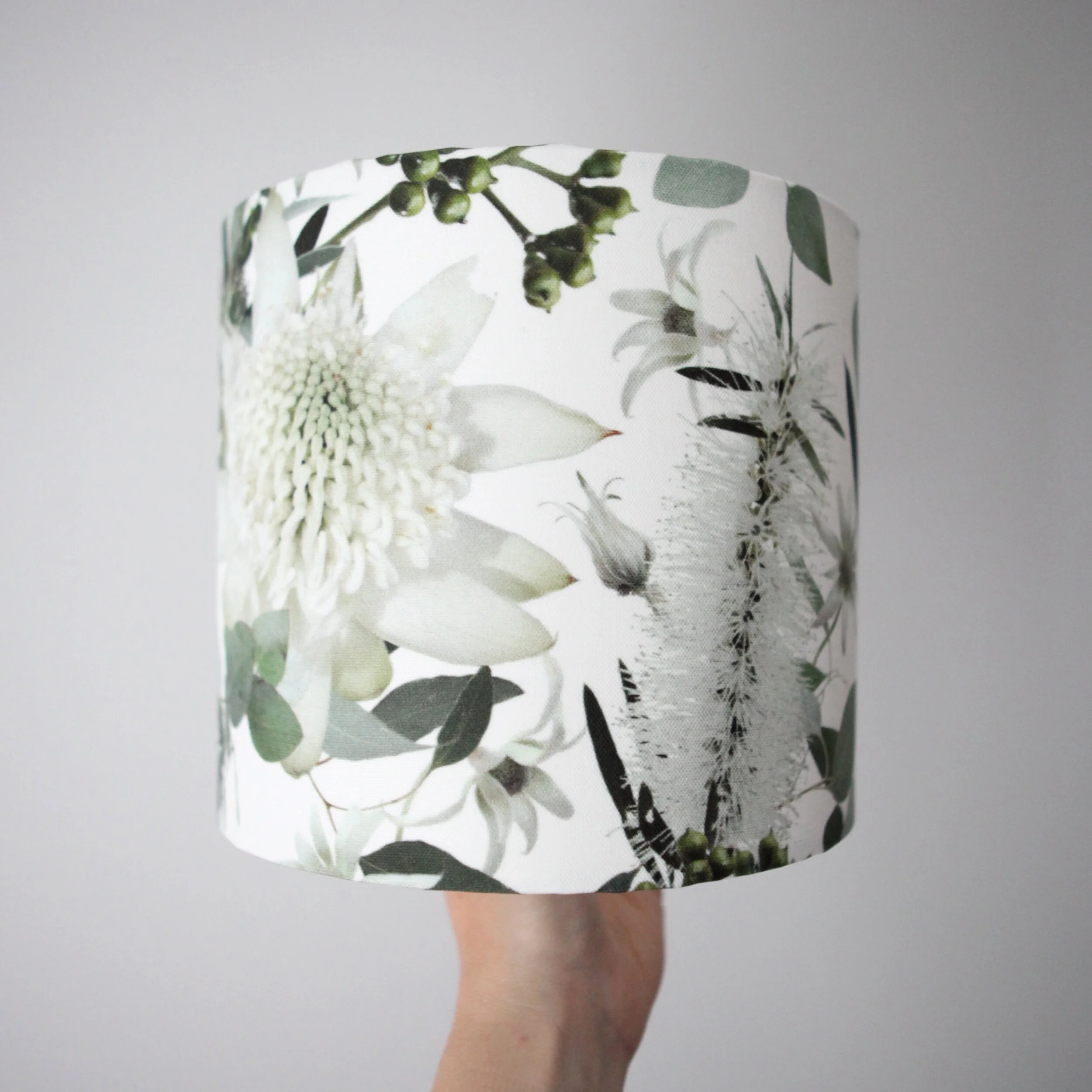 Bottlebrush and Waratah Lampshade | Australian Botanical Lampshade | Cream Floral Lampshade | Eucalyptus Lampshade | Floral Drum Lampshade