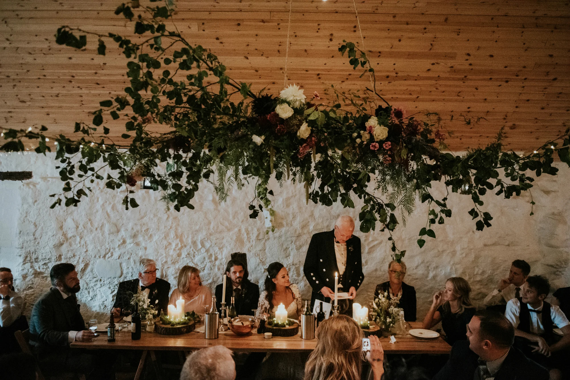 Hanging wild flower installation at Dalduff barn. Photo by David Muir Photography