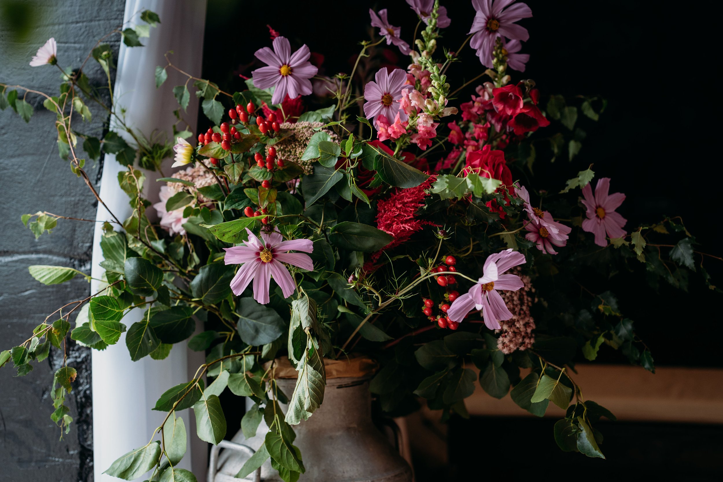 Retro pink and red colourful barn wedding at Harelaw Farm