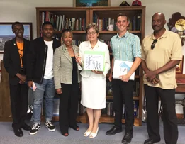 L-R Paul Thomas, Jr., Jr/Southview who just returned after being selected in a weeklong entrepreneurship training program for high school students; Co-founder Toure McCord; Laneta Goings; Congresswoman Kaptur; Jordan Topoleski, Sr, Sylvania Southview. He was one of 1250 at Boys Nation selected as one of two senators to represent Ohio. He was in DC for nine days and met elected officials; Paul Thomas, Sr. retired executive of the Carpenters Union.