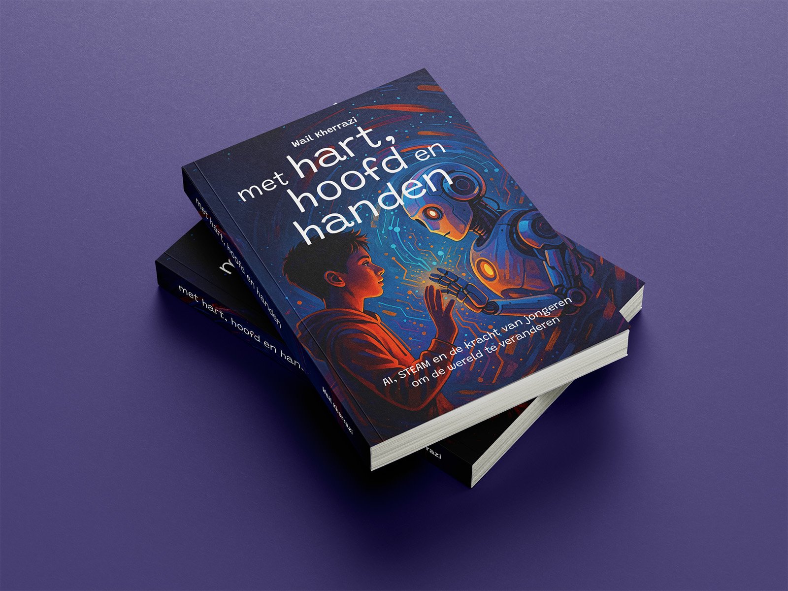 Twee boeken gestapeld op een paarse achtergrond. De voorkant van het bovenste boek toont een illustratie van een kind dat een robot de hand schudt, met een futuristisch ontwerp en heldere kleuren.