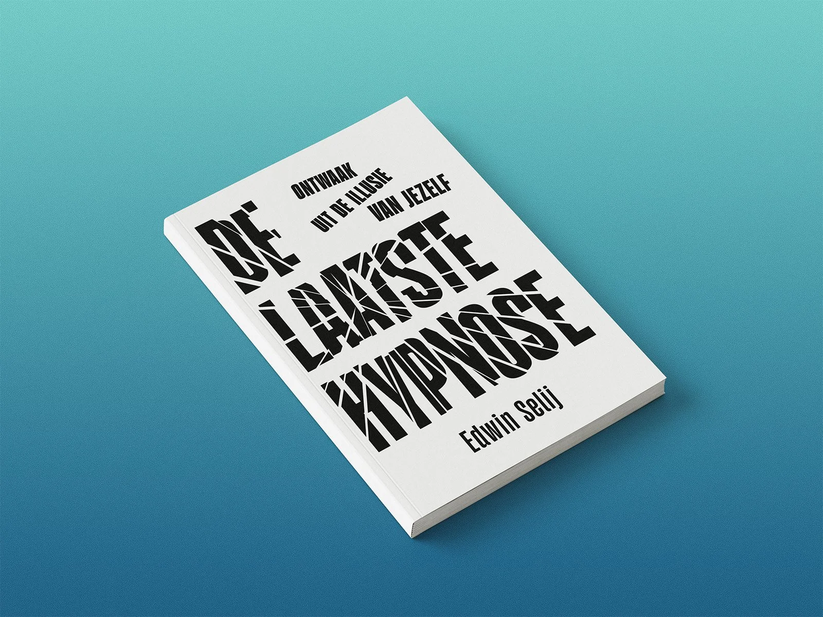 Boek met zwart en witte typografie op de cover, tegen een blauwe achtergrond.