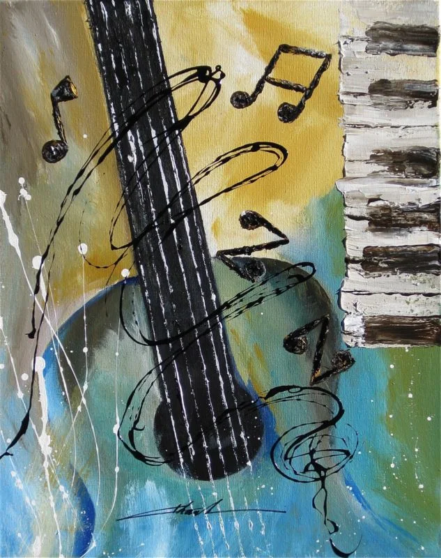 Orginal art absrtact painting JAZZ guitar piano music notes -by Khanh Ha