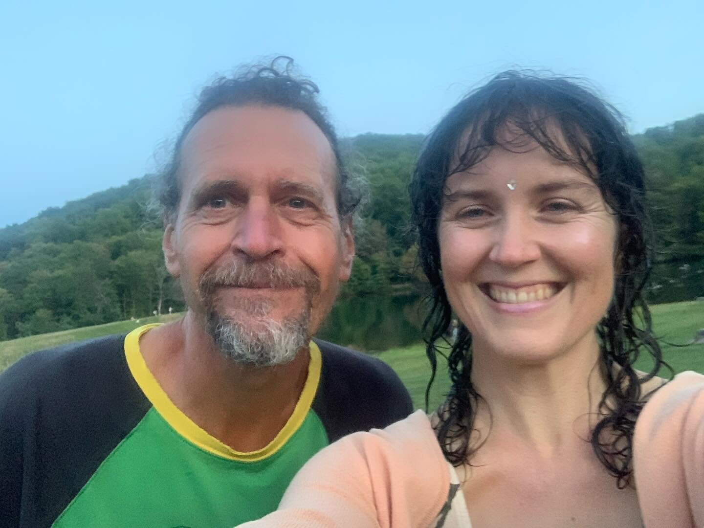 BTS at the Granite Bones music video shoot with @brianwimerart 

-after glow selfie with Brian- a playful and masterful collaborator 
-selfie in front of the tree where I lip synced lyrics 
-with wet hair, purple lips, and yards and yards of sodden t