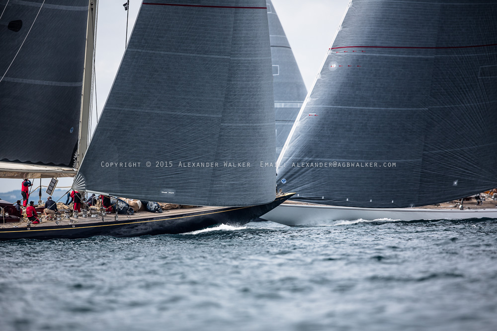  J Class Yachts Lionheart, Ranger and Velsheda rancing agianst either other in the 2015 Falmouth J Class regatta. 