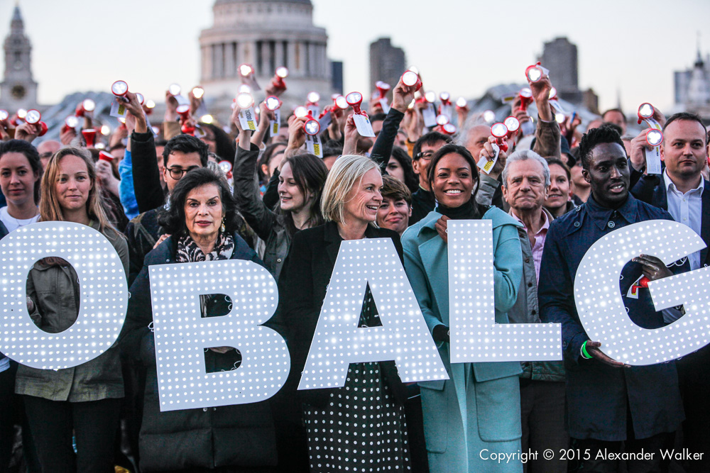  Naomie Harris, Bianca Jagger and Mariella Frostrup join thousands of people on the Millennium Bridge as part of action/2015, to mark the eve of the signing of the new Global Goals. They are calling on the UK government to commit to the landmark goal