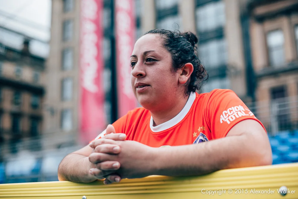 Deborah Alberez from Team Chile after winning their match against England at the Homeless World Cup. The Homeless World Cup is a unique, pioneering social movement which uses football to inspire homeless people to change their own lives. Homeless World Cup 2016 is taking place in Glasgow's George Square from July 10th to July 16th. For more information, visit www.homelessworldcup.com