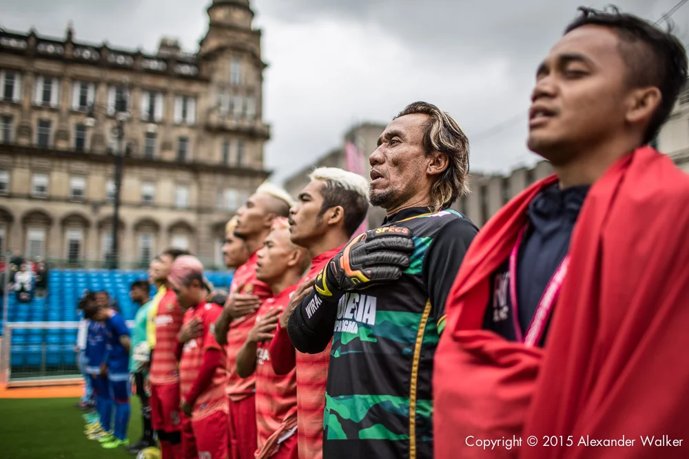 Players in the Homeless World Cup tournment, in Glasgow George Square.