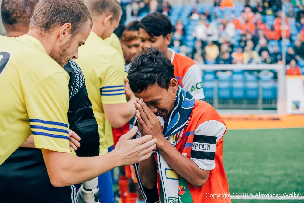 Cambodia Vs Sweden at the mens Globe Final at the Homeless World Cup. The Homeless World Cup is a unique, pioneering social movement which uses football to inspire homeless people to change their own lives. Homeless World Cup 2016 is taking place in Glasgow's George Square from July 10th to July 16th. For more information, visit www.homelessworldcup.com