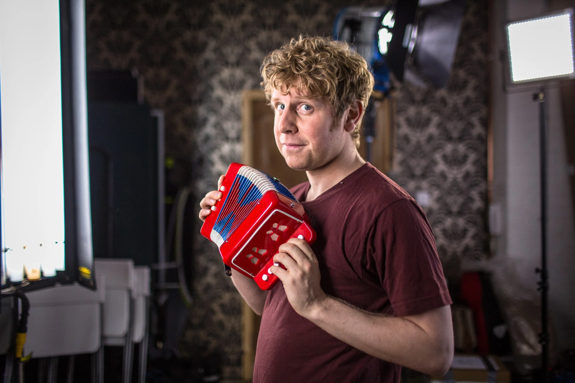 Josh Widdecombe at Bow Bunker for the Red Nose Day shoot.